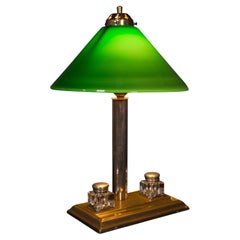 Antique Executive Desk Lamp, English, Brass, Glass, Table Light, Edwardian, 1910