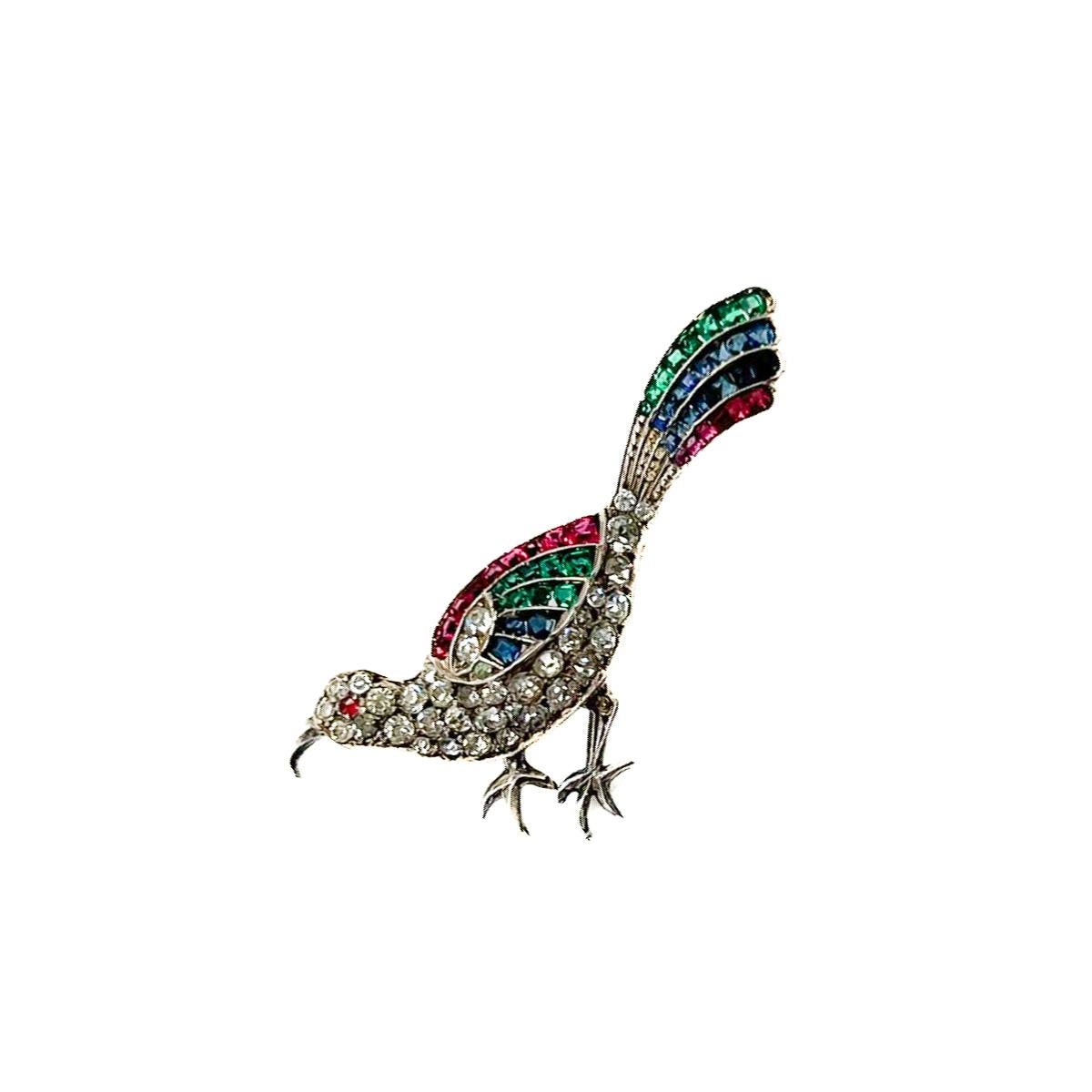Art Deco Antique Exotic Bird Silver & Paste Brooch 1920s For Sale