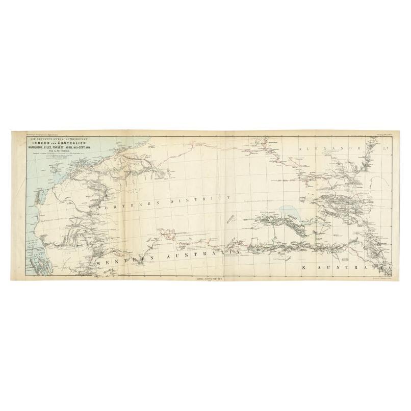 Antique Exploration Map of Australia from Sharks Bay to Alice Springs, 1876