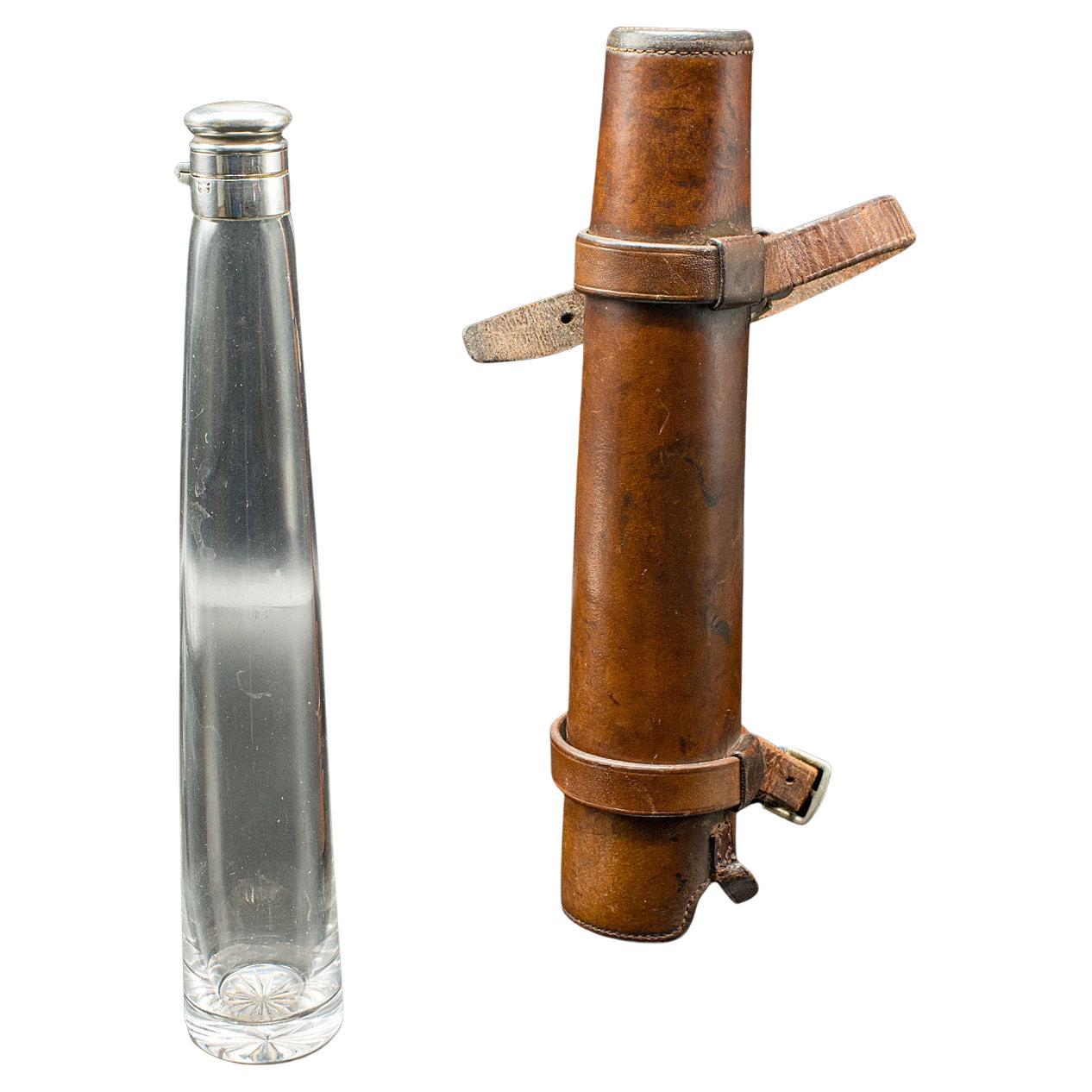 Antique Explorer's Saddle Flask, English, Glass Bottle, Leather Case, Edwardian