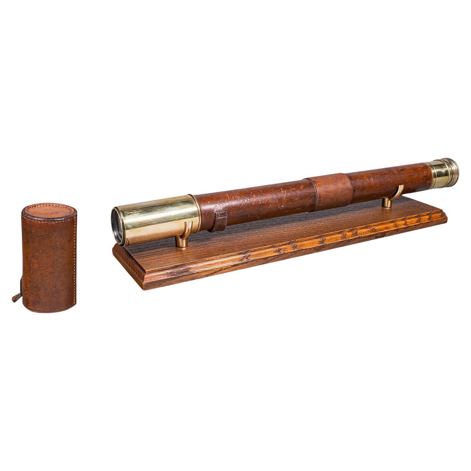 Antico telescopio da esploratore, inglese, cannocchiale con rivestimento in pelle, edoardiano, 1910 in vendita