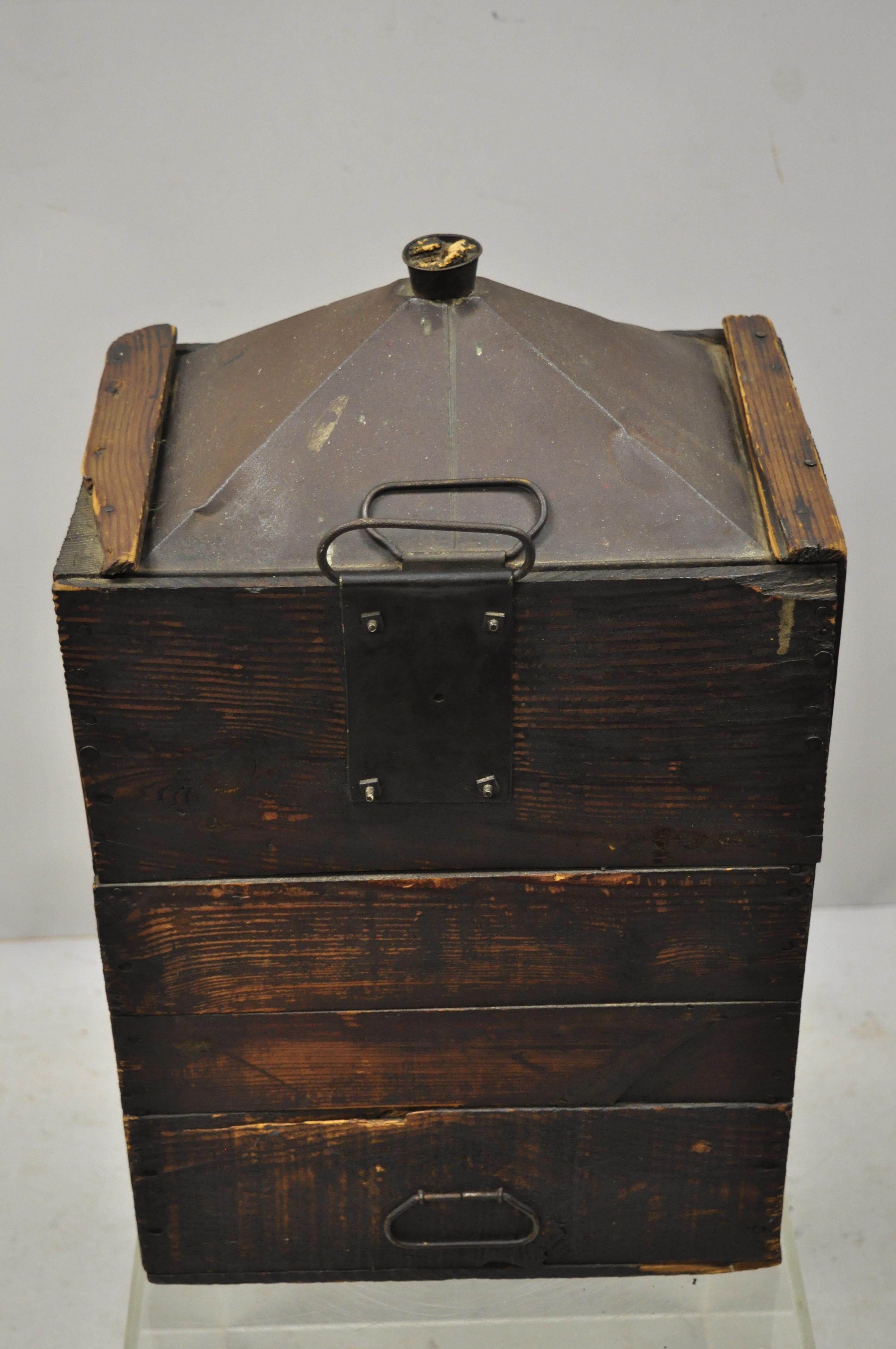 Antique Export Tin Metal Transport 5 Gallon Canister Container with Wood Case For Sale 1