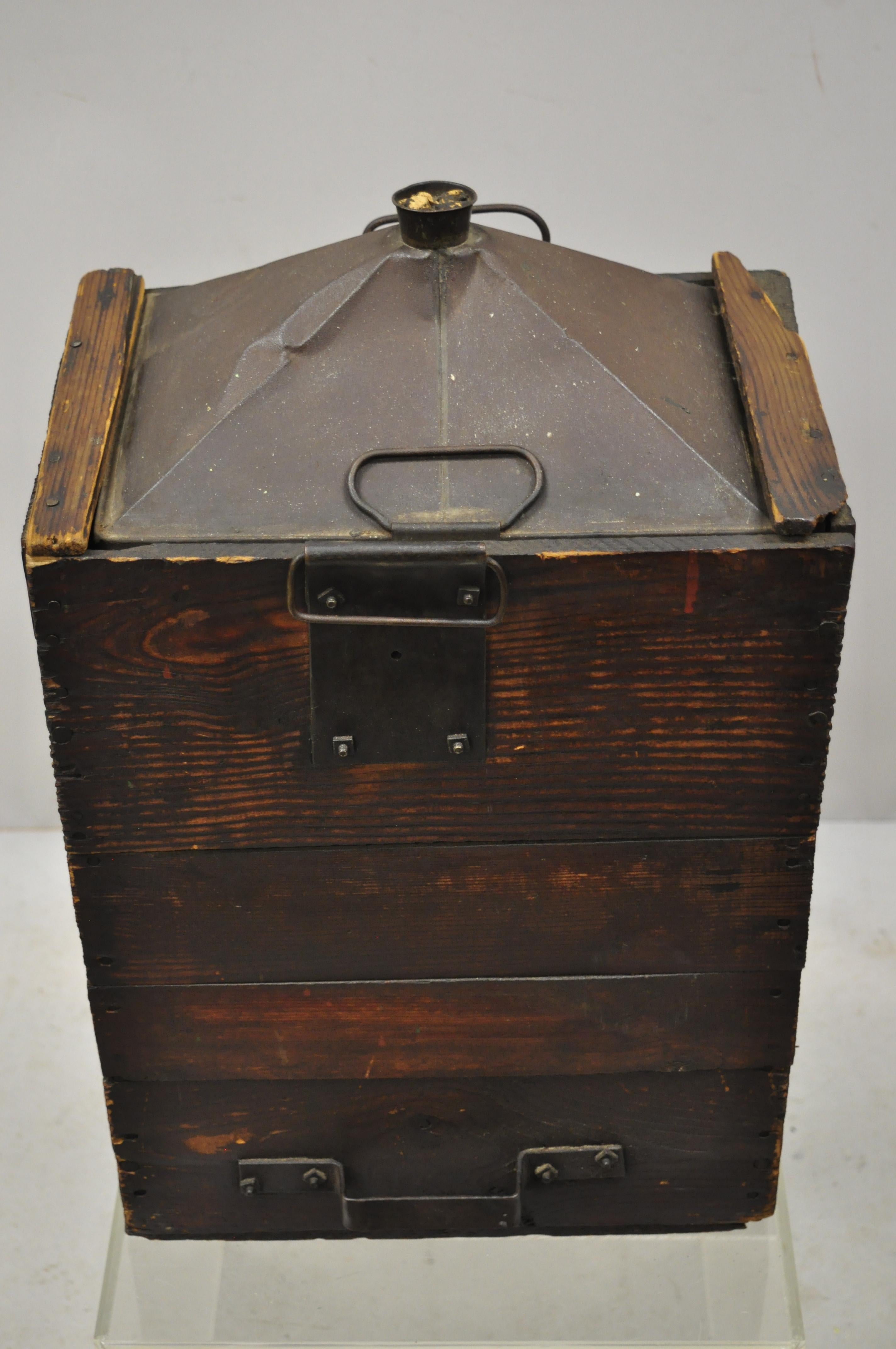 Antique Export Tin Metal Transport 5 Gallon Canister Container with Wood Case For Sale 3