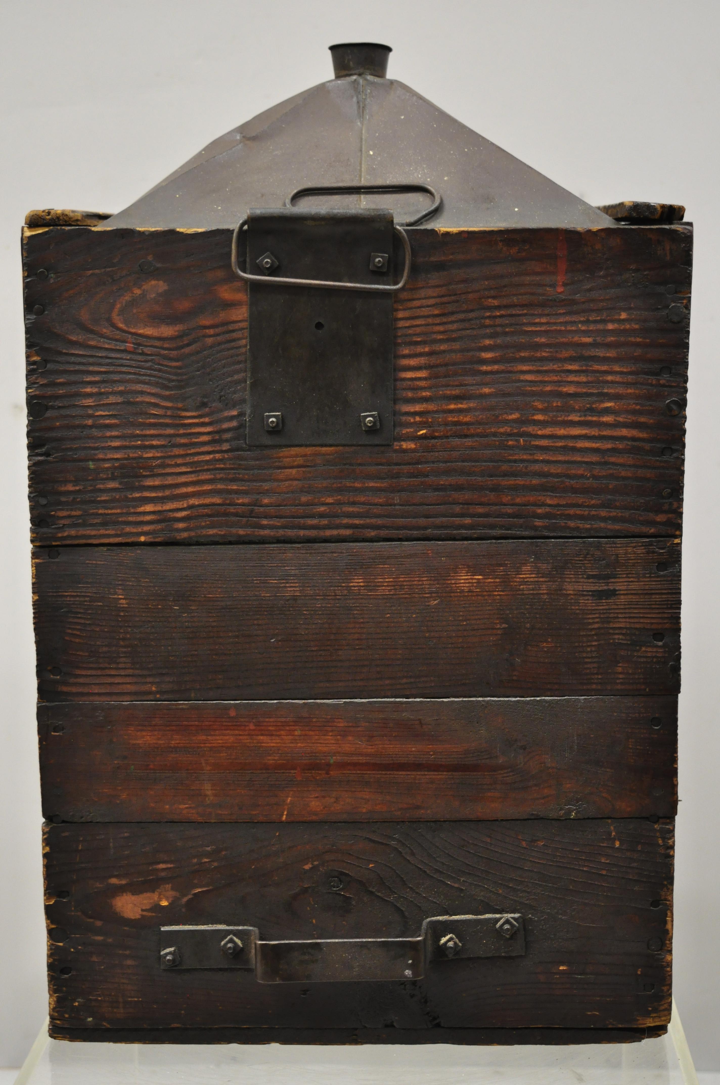 19th Century Antique Export Tin Metal Transport 5 Gallon Canister Container with Wood Case For Sale