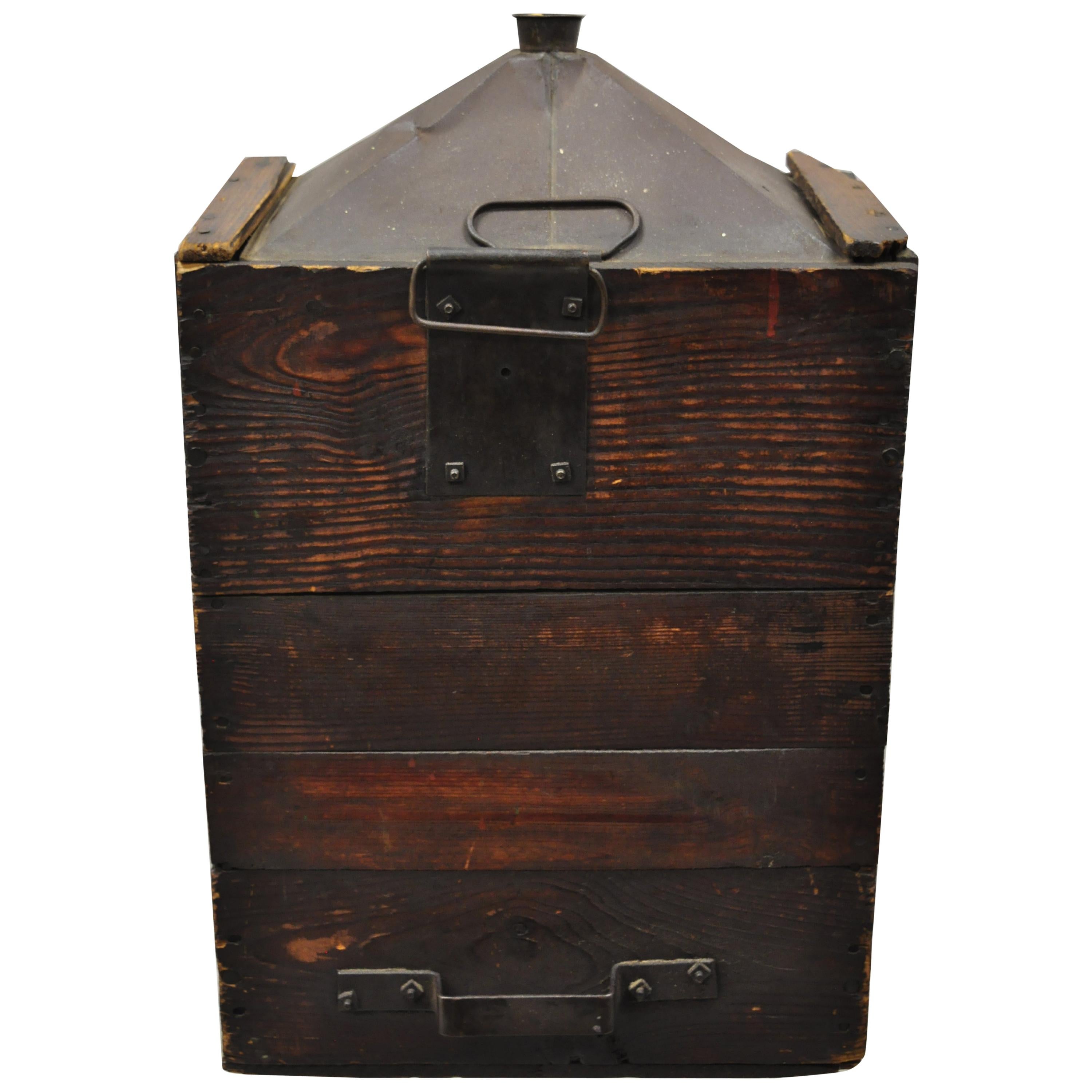 Antique Export Tin Metal Transport 5 Gallon Canister Container with Wood Case For Sale