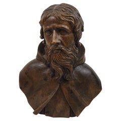 Antique expressive woodcarving, bust depicting a monk or male Saint, ca. 1800