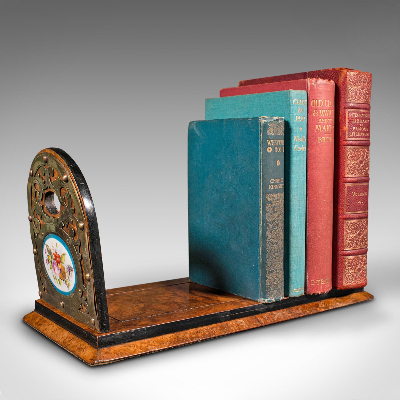 Antike ausziehbare Bücherschiene, französisches Wurzelnussholz, Messing, Bibliotheksständer, viktorianisch im Angebot 4