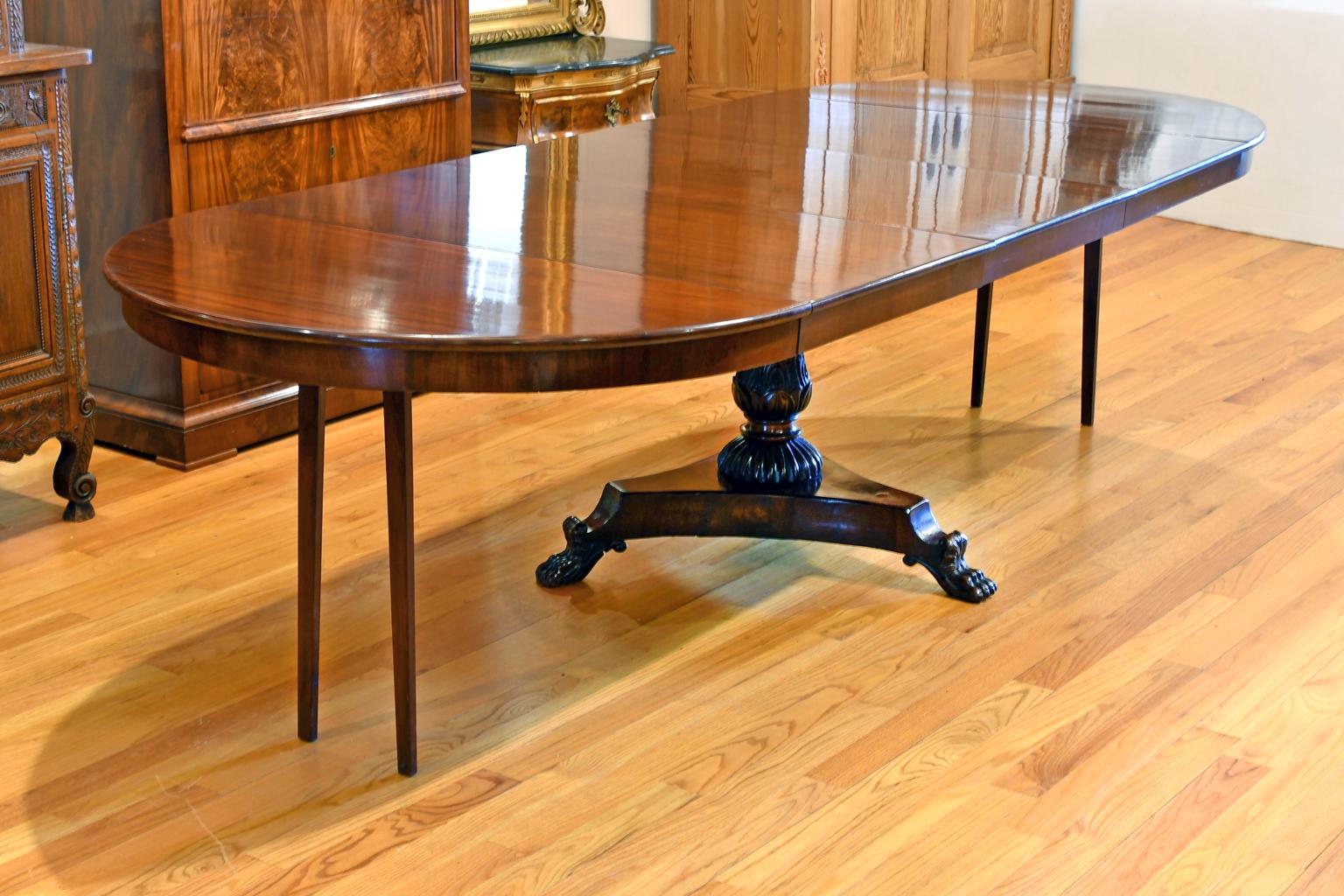 Regency Antique Extension Center Pedestal Dining Table, Opens from 4' Round to 14' long