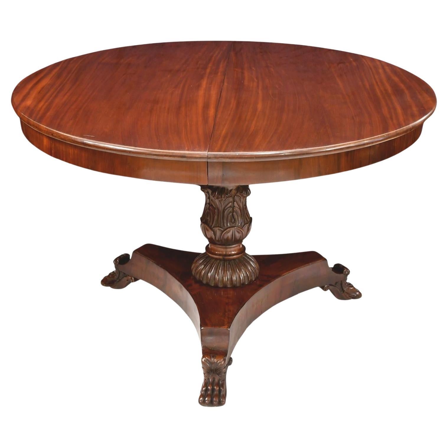 Hand-Carved Antique Extension Center Pedestal Dining Table, Opens from 4' Round to 14' long