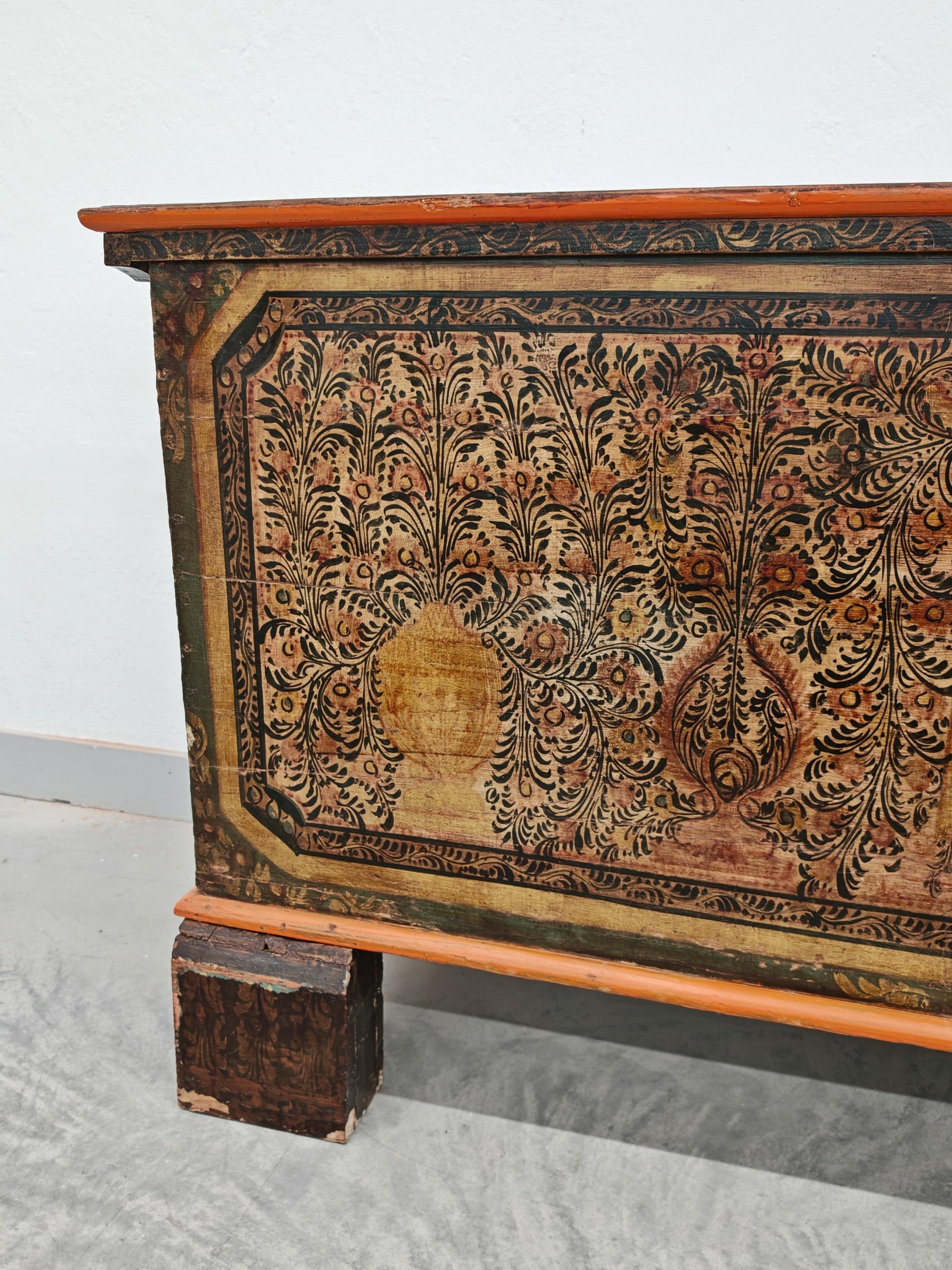 In this listing you will find an exceptionally rare Antique Extra Large Adriatic Dowry Chest or Trunk done in pine with hand-painted floral ornaments. This kind of chest was a typical piece of furniture in rich houses in the Adriatic region of the