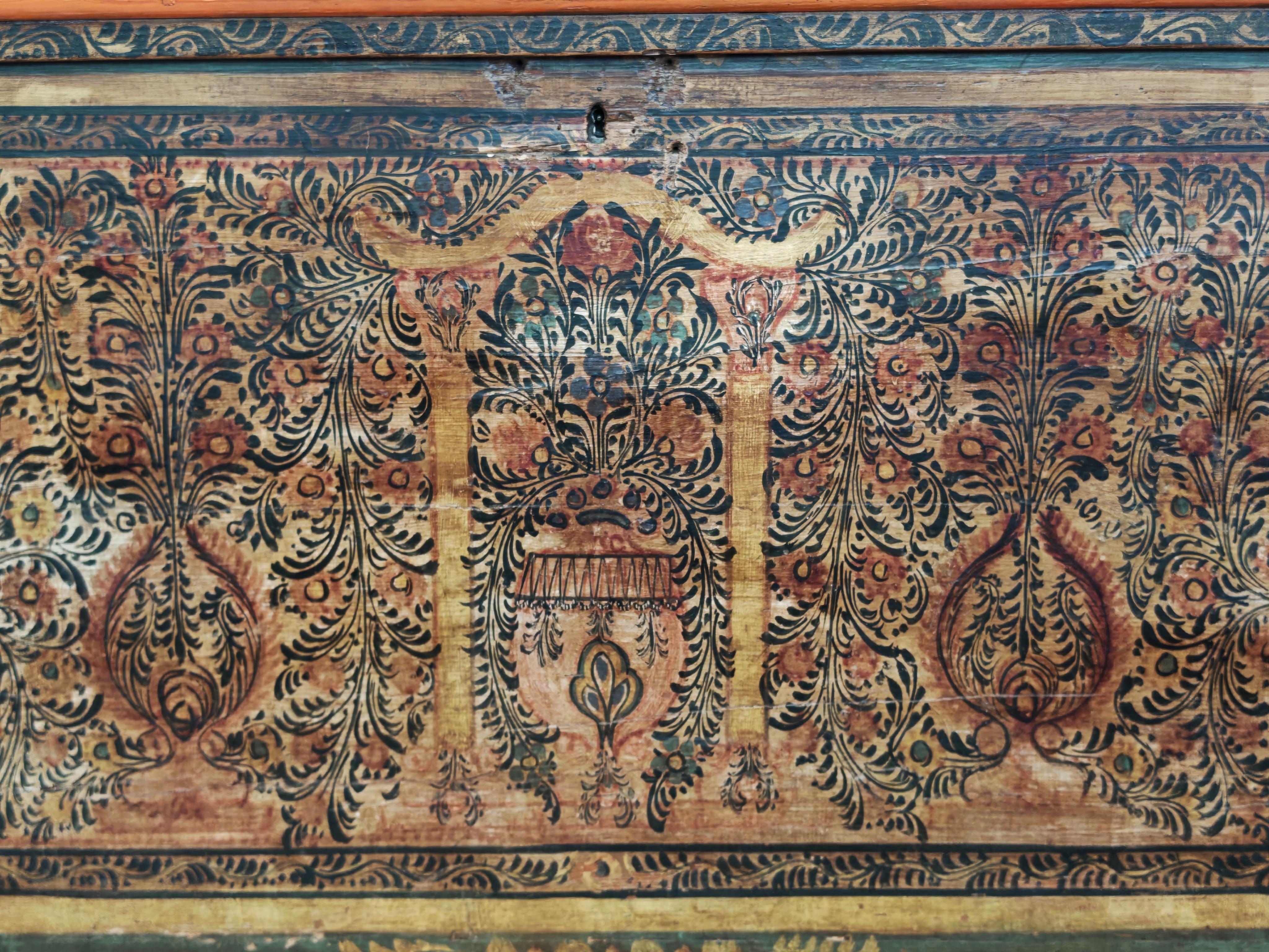 Balkan Antique Extra Large Adriatic Dowry Chest or Trunk done in hand-painted pine For Sale