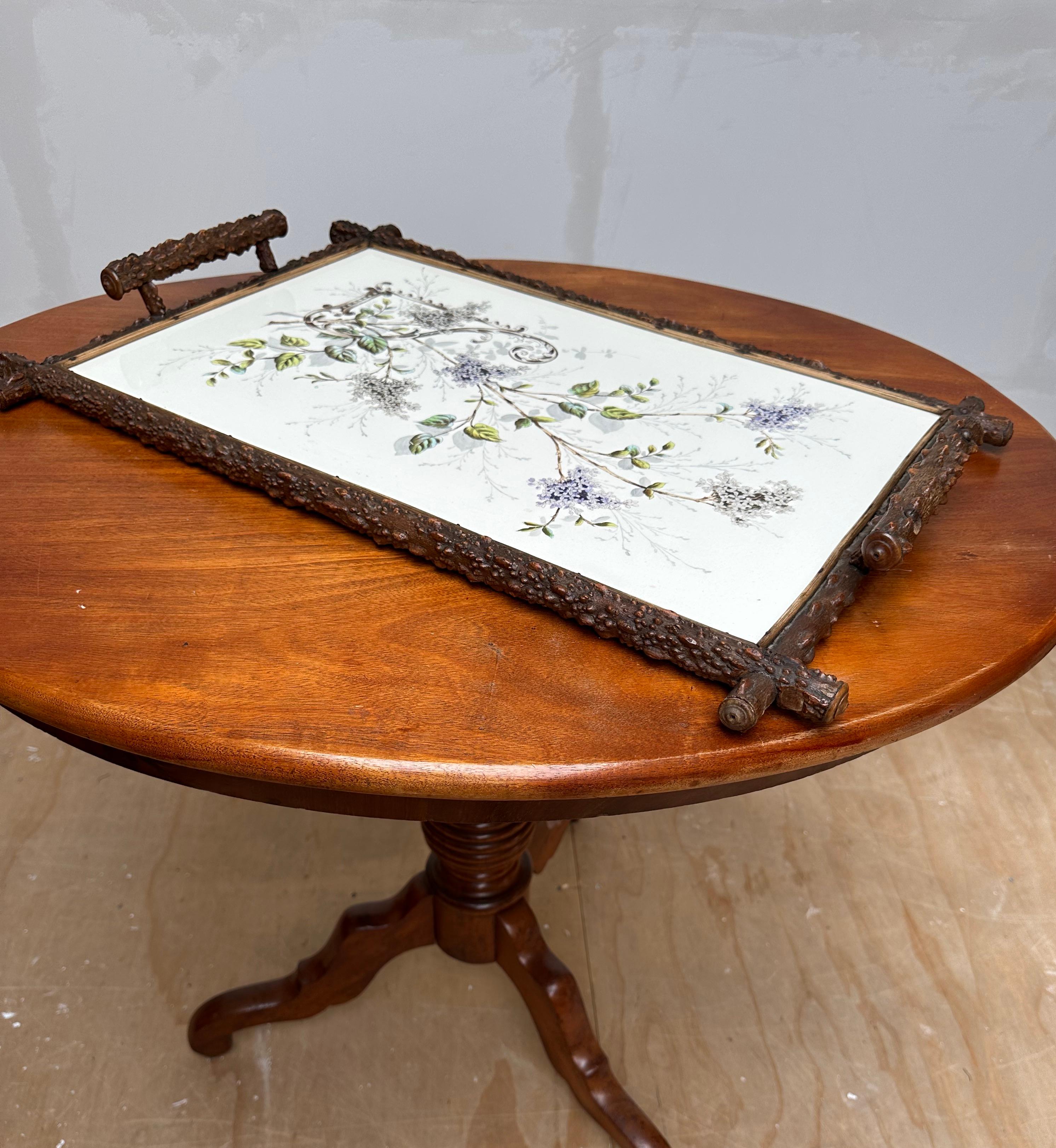 Antique & Extra Large Arts & Crafts Hand Painted Flower Decor, Tile Serving Tray For Sale 2