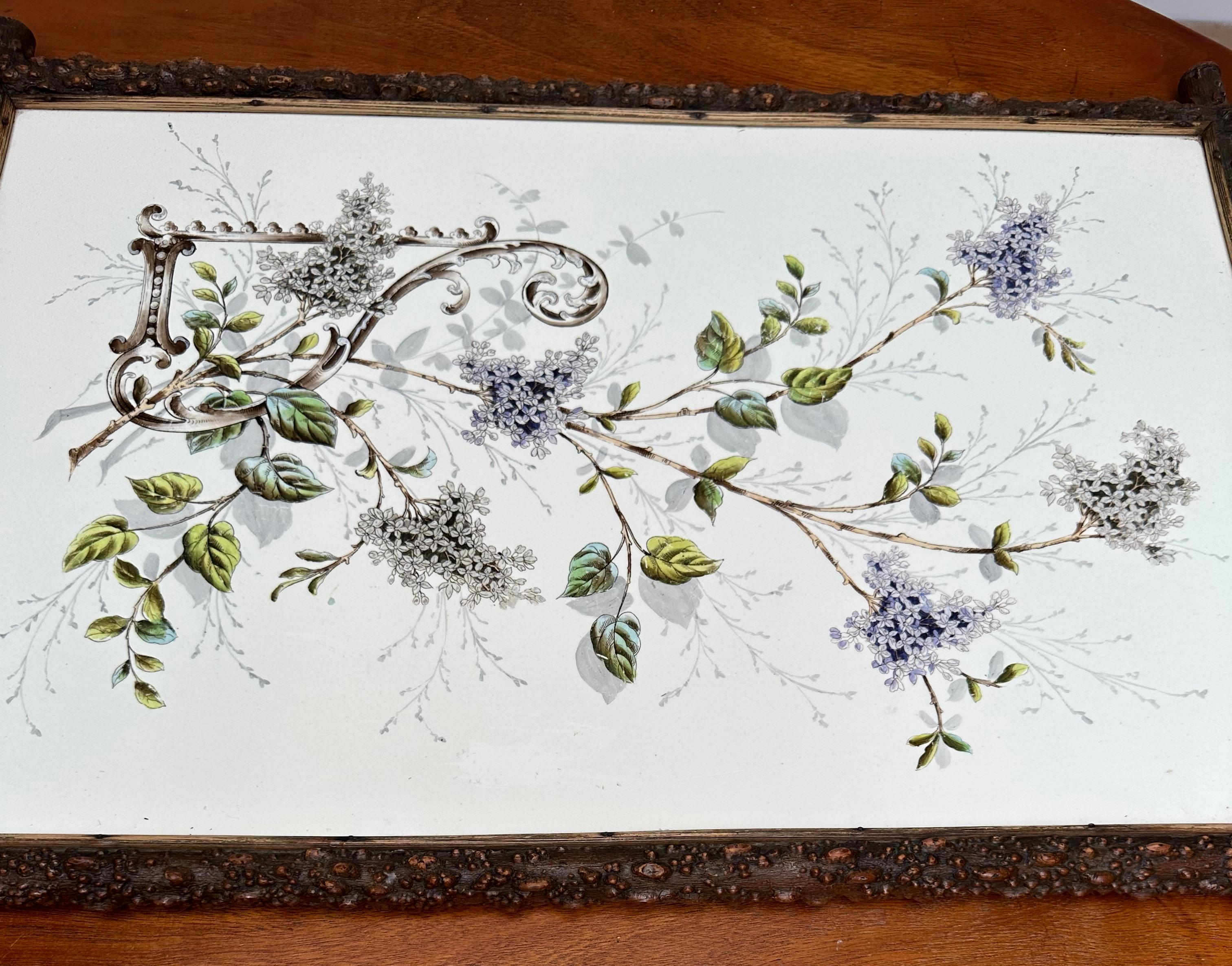 Antique & Extra Large Arts & Crafts Hand Painted Flower Decor, Tile Serving Tray For Sale 4