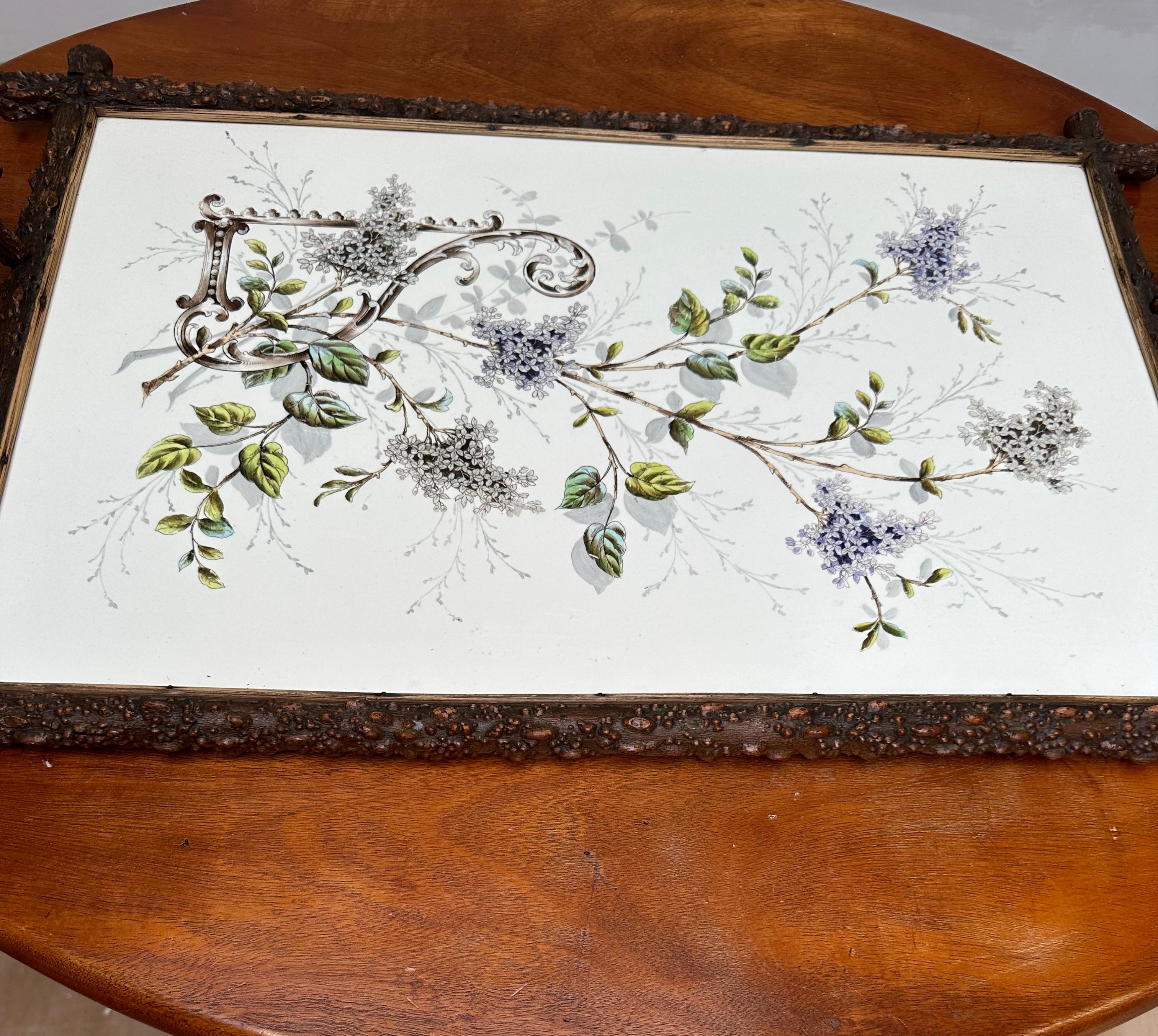 Antique & Extra Large Arts & Crafts Hand Painted Flower Decor, Tile Serving Tray For Sale 5