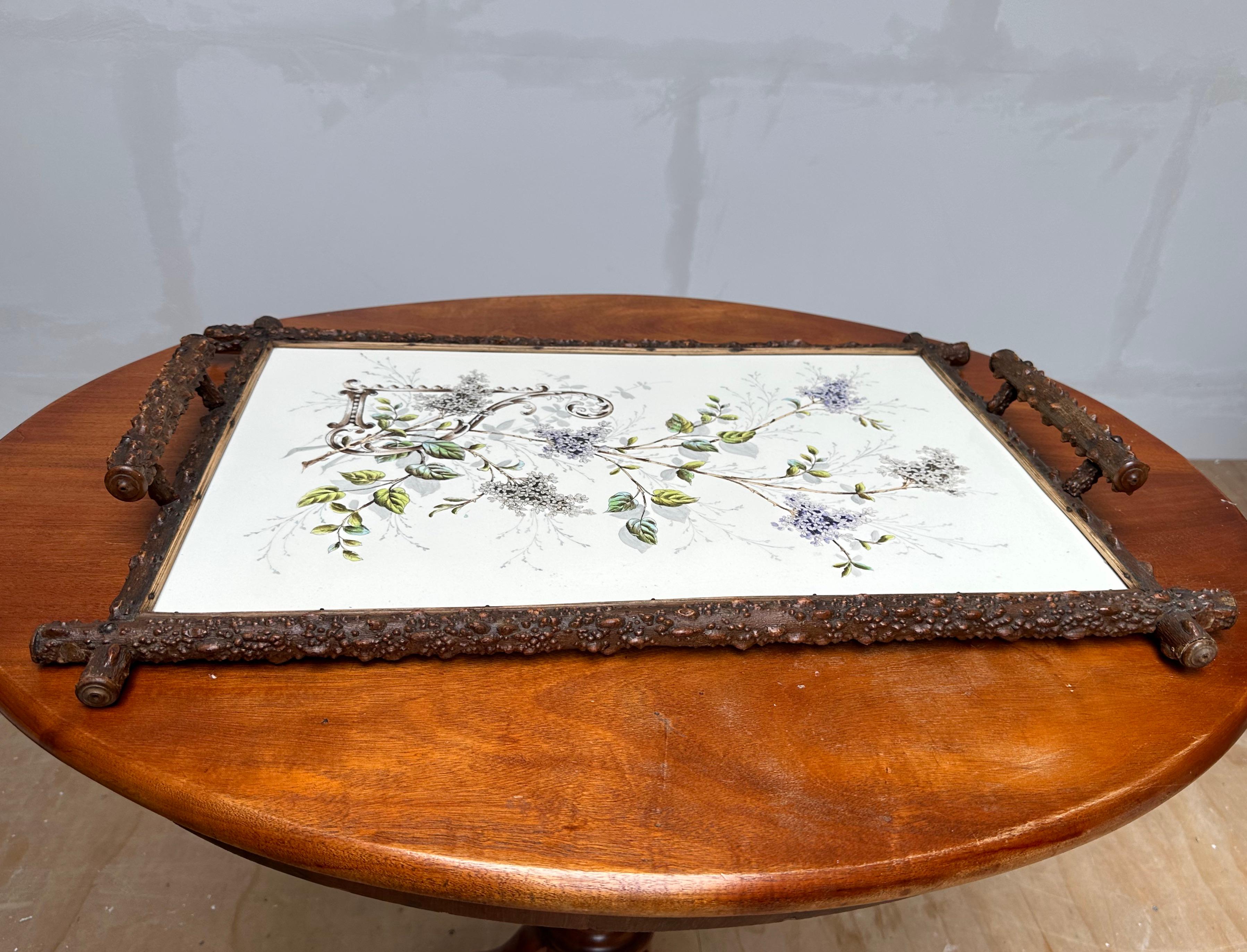 Antique & Extra Large Arts & Crafts Hand Painted Flower Decor, Tile Serving Tray For Sale 7