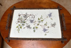 Antique & Extra Large Arts & Crafts Hand Painted Flower Decor, Tile Serving Tray