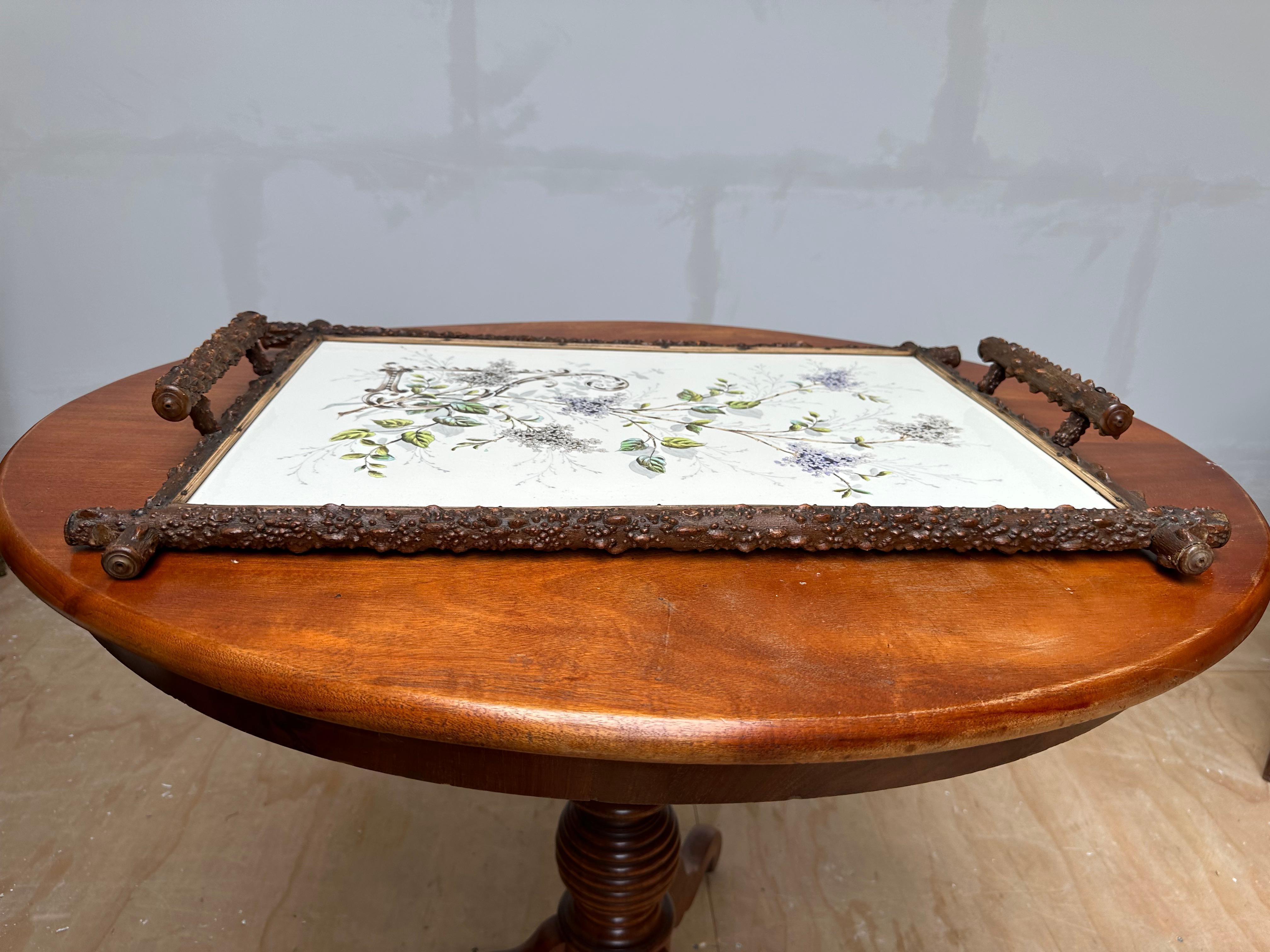 Jugendstil Antique & Extra Large Arts & Crafts Hand Painted Flower Decor, Tile Serving Tray For Sale