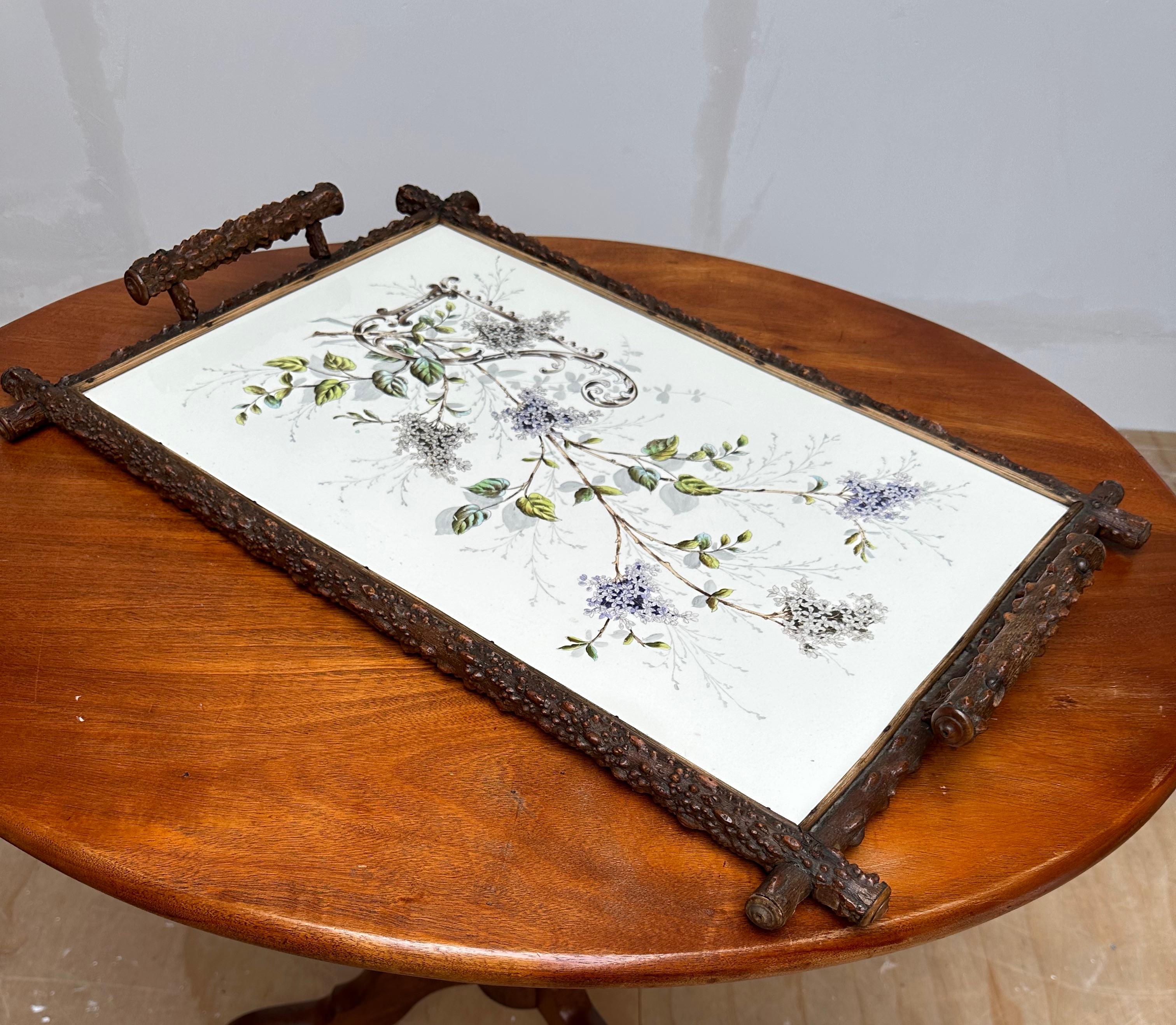 European Antique & Extra Large Arts & Crafts Hand Painted Flower Decor, Tile Serving Tray For Sale