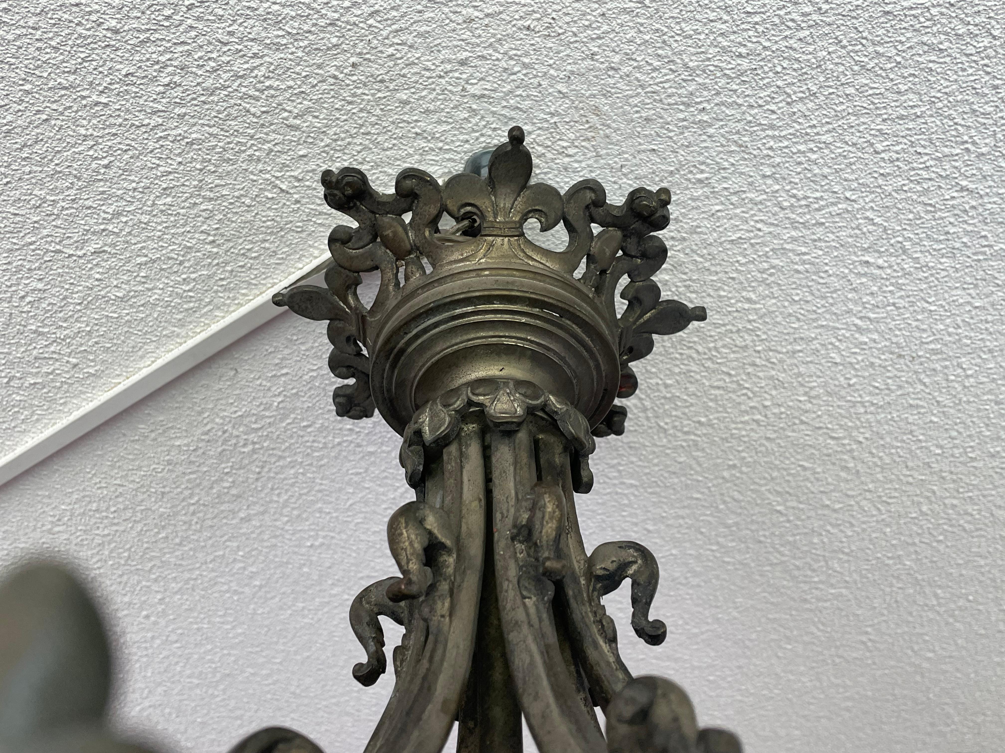 Nickel Antique Extra Large Gothic Revival Bronze & Glass, Church Lantern Pendant Light