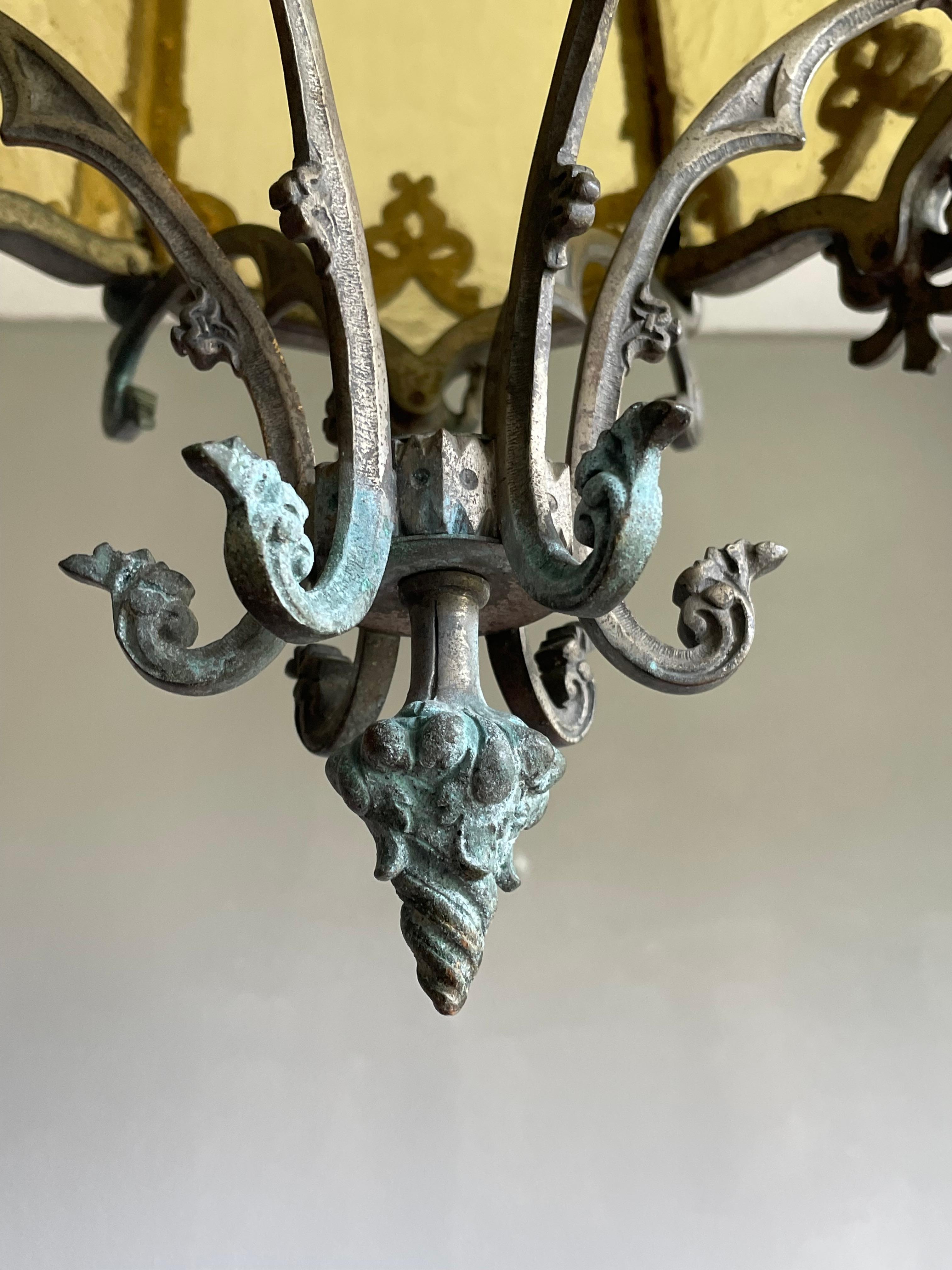 Antique Extra Large Gothic Revival Bronze & Glass, Church Lantern Pendant Light 1