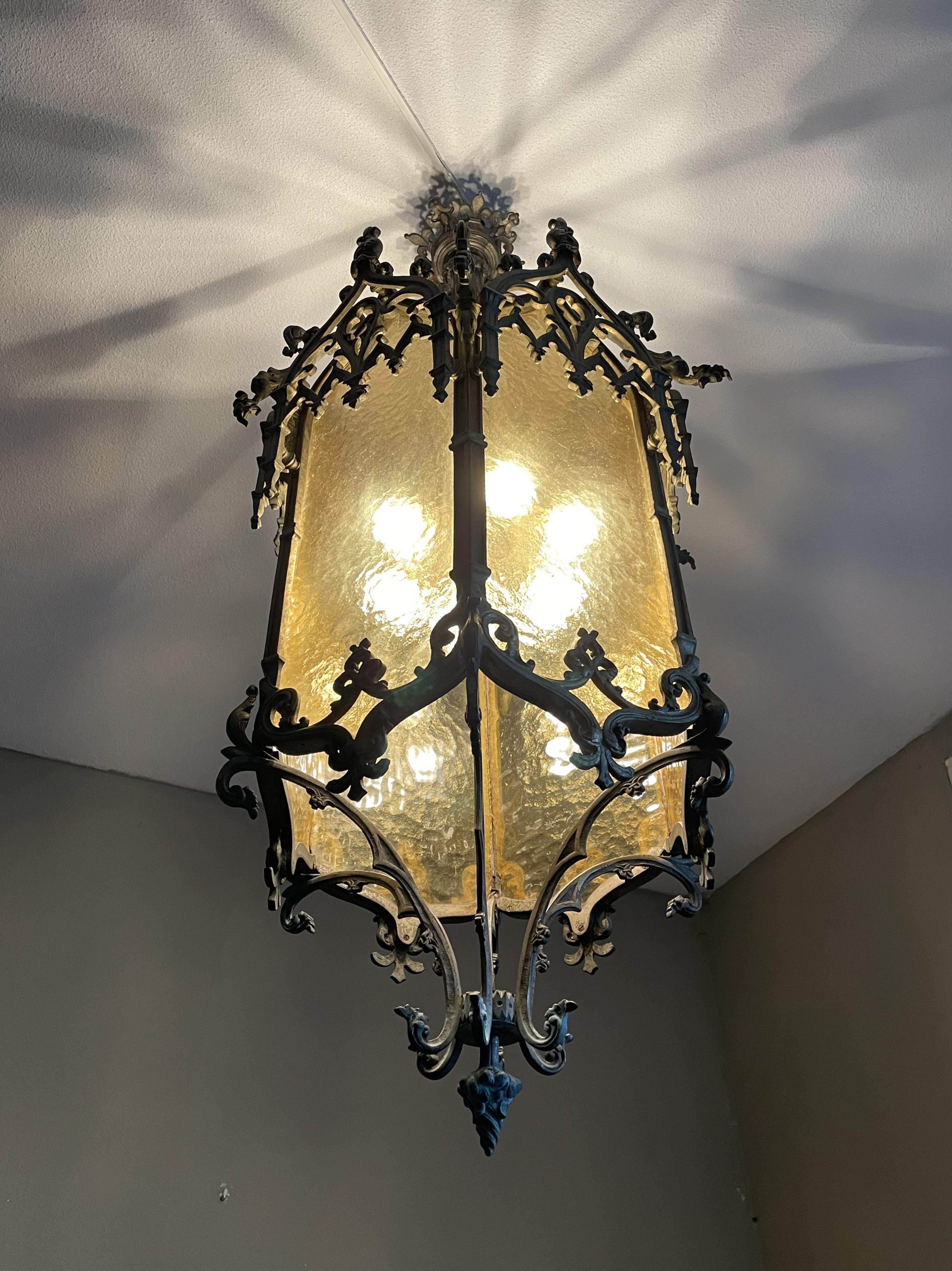 Antique Extra Large Gothic Revival Bronze & Glass, Church Lantern Pendant Light 2