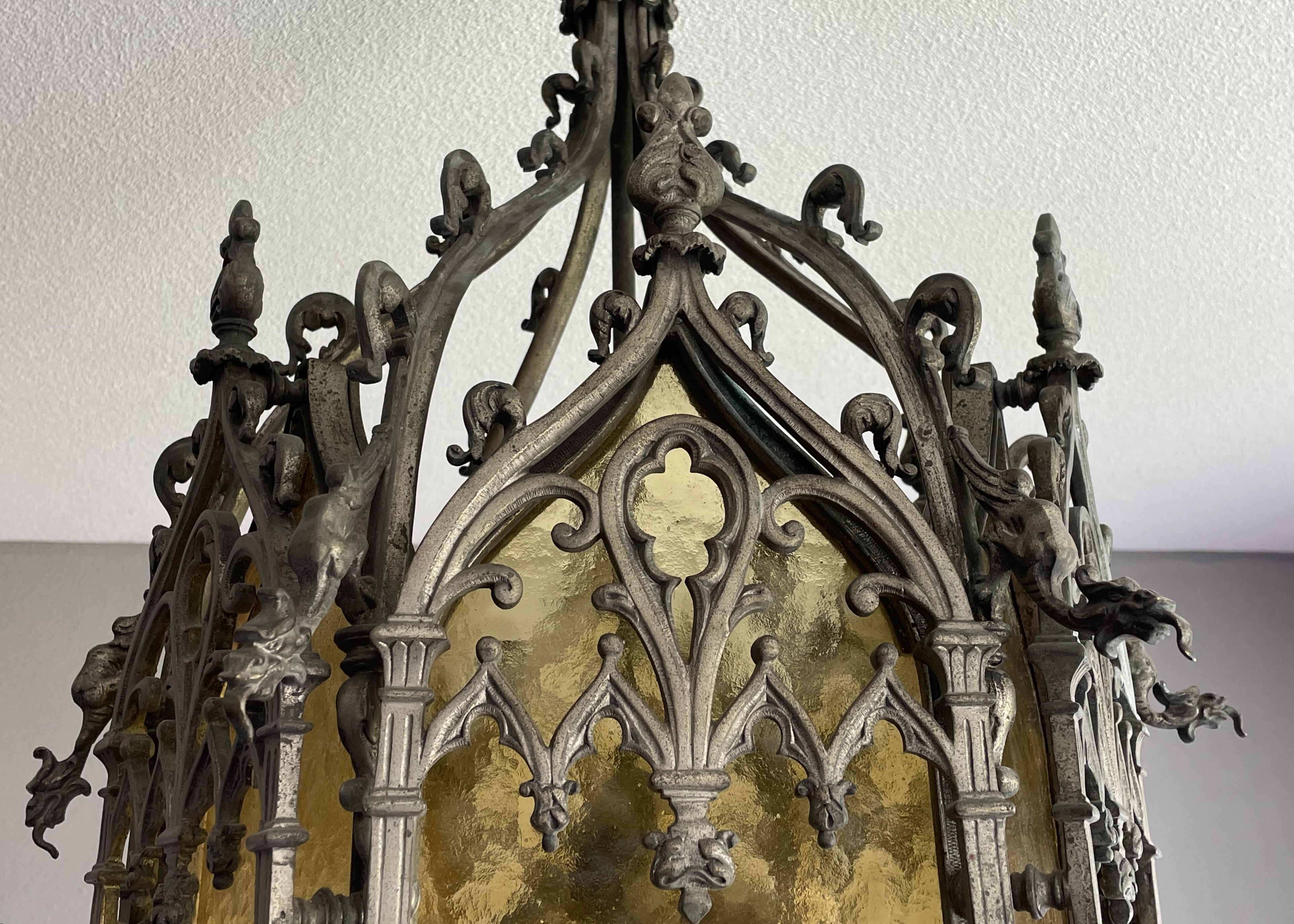 Antique Extra Large Gothic Revival Bronze & Glass, Church Lantern Pendant Light 3