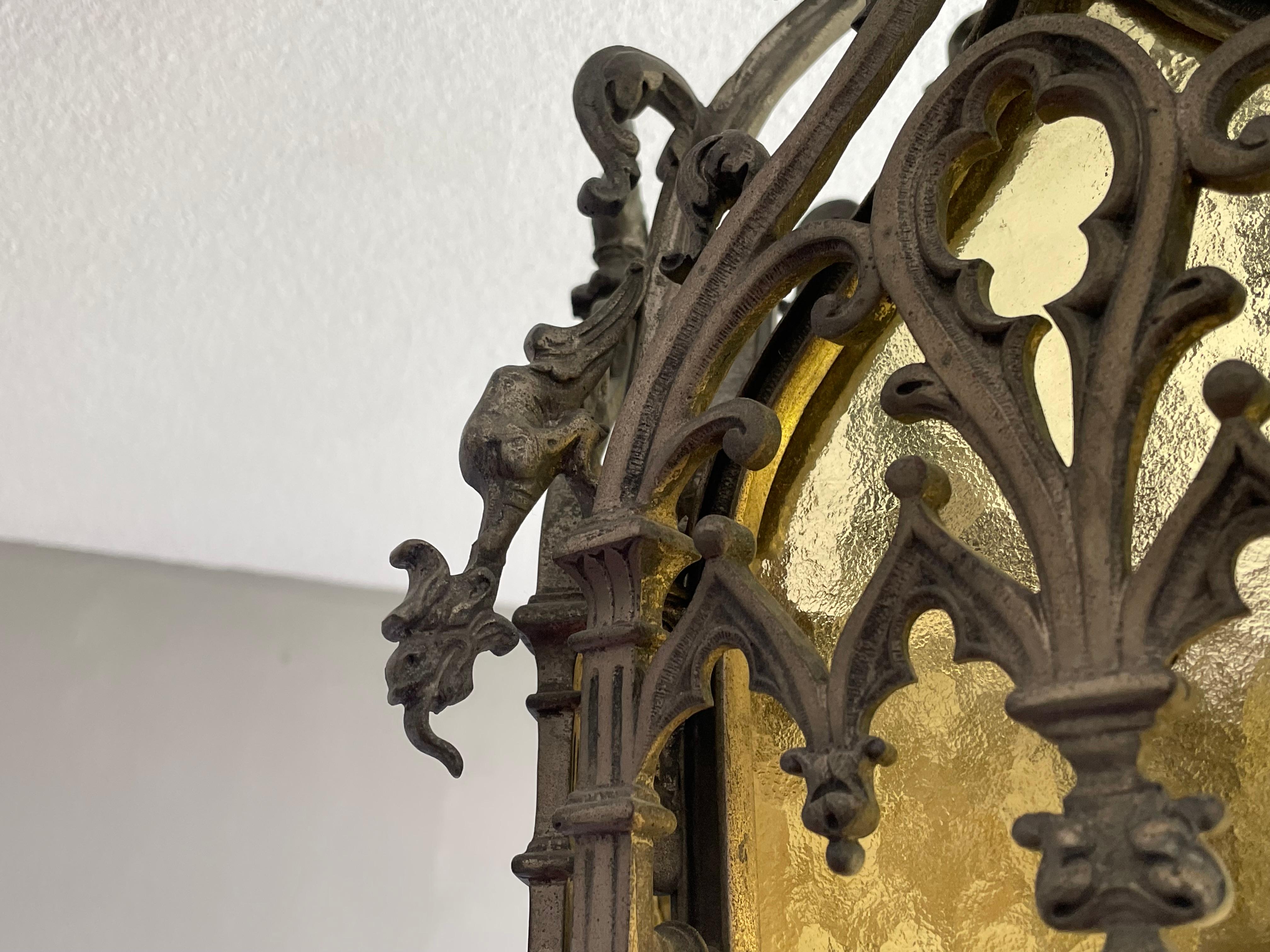 Antique Extra Large Gothic Revival Bronze & Glass, Church Lantern Pendant Light 4
