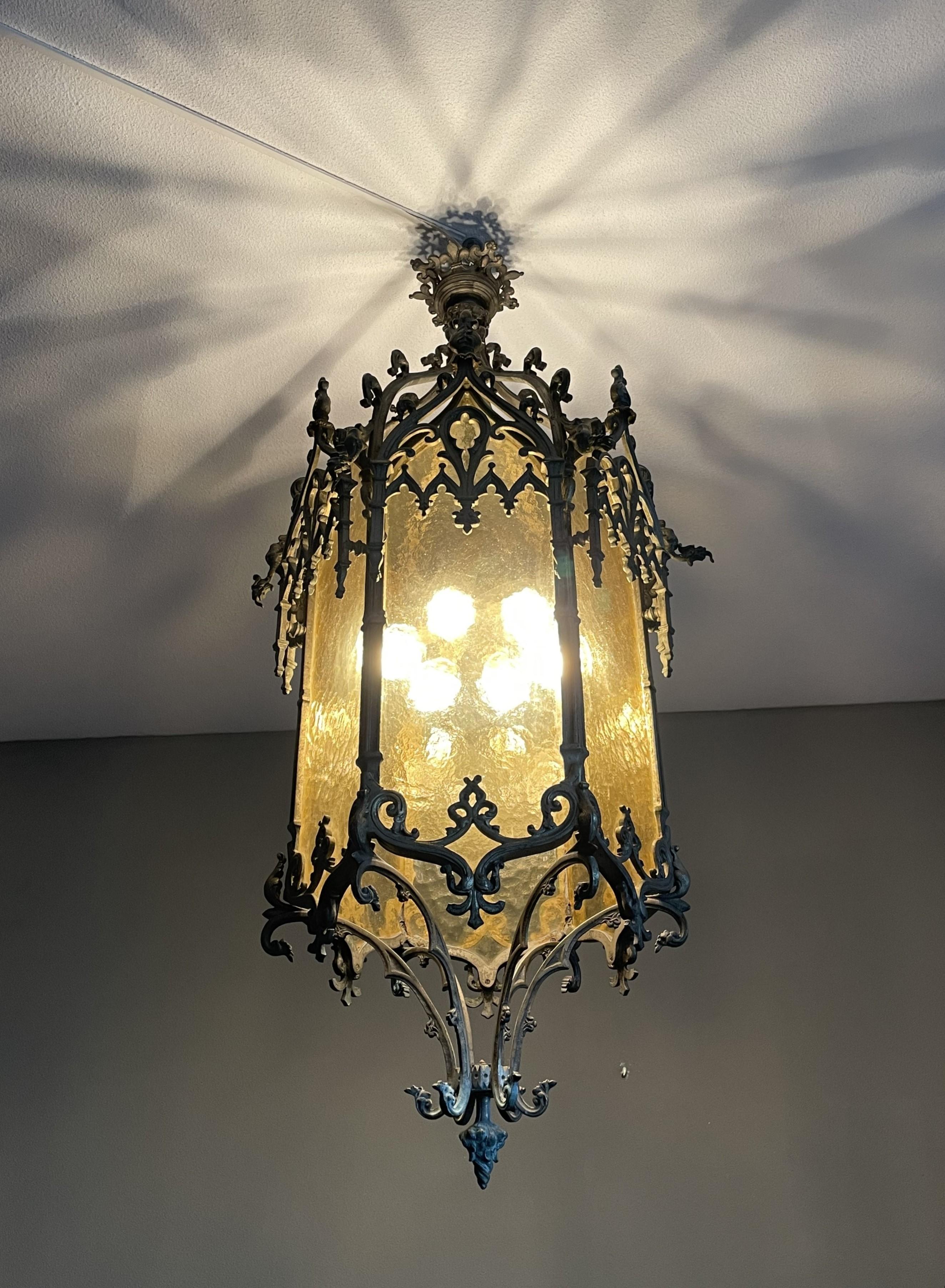 Antique Extra Large Gothic Revival Bronze & Glass, Church Lantern Pendant Light 5