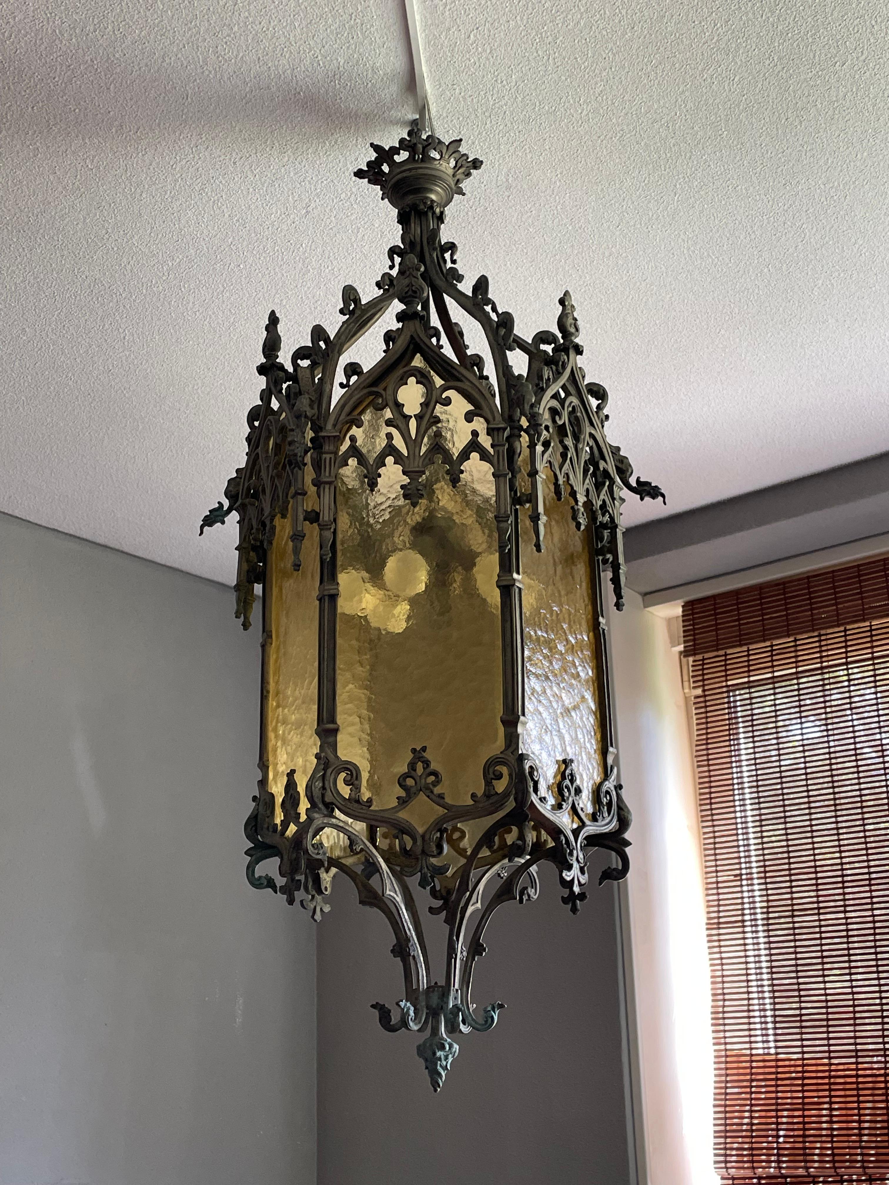 Antique Extra Large Gothic Revival Bronze & Glass, Church Lantern Pendant Light 6