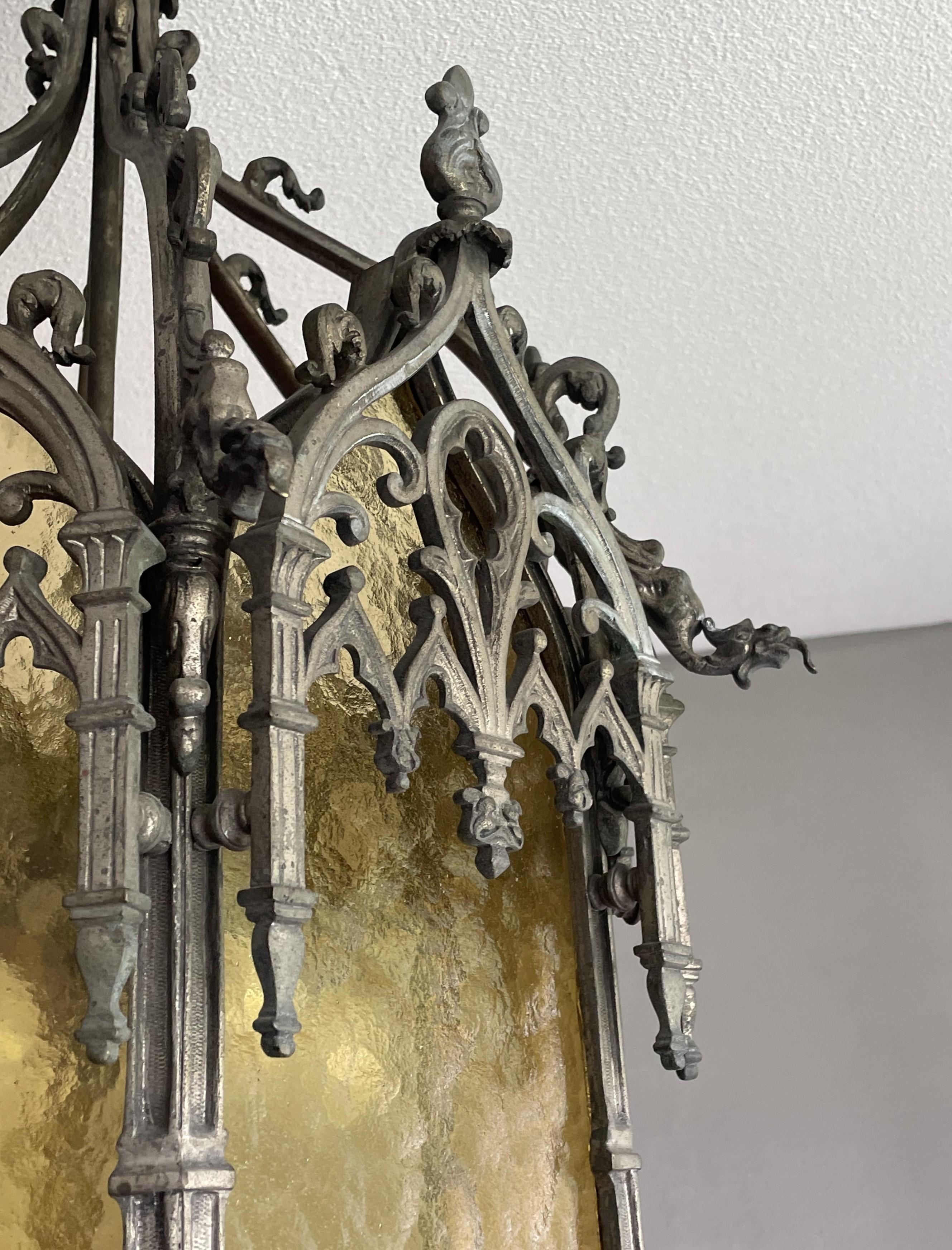 Antique Extra Large Gothic Revival Bronze & Glass, Church Lantern Pendant Light 8