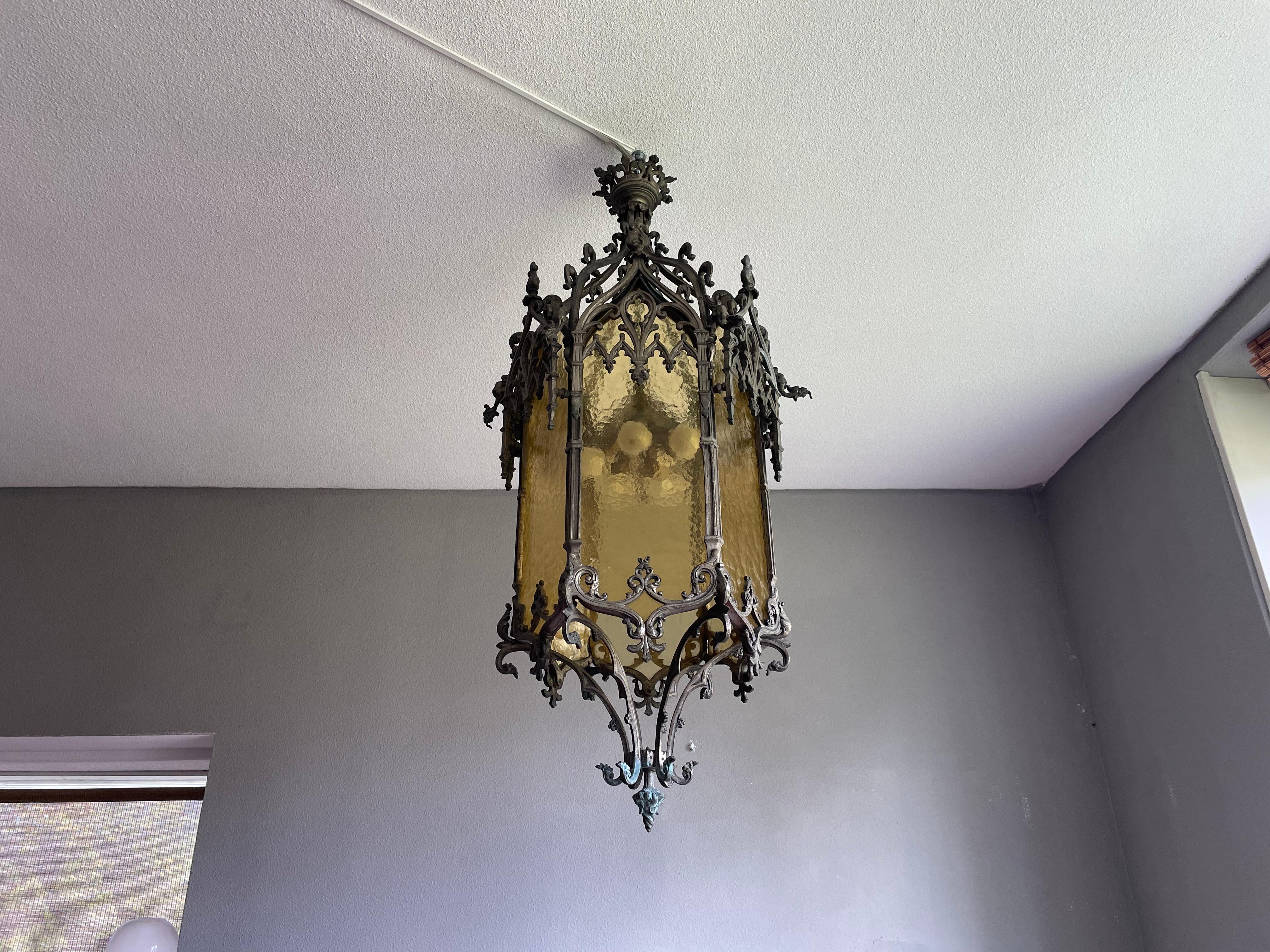 Antique Extra Large Gothic Revival Bronze & Glass, Church Lantern Pendant Light 9
