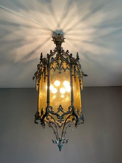 Antique Extra Large Gothic Revival Bronze & Glass, Church Lantern Pendant Light