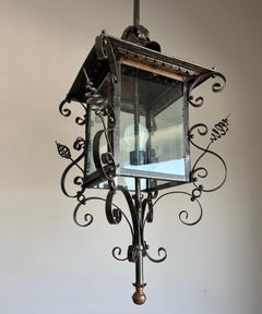 Antique Extra Large Wrought Iron & Glass Entrance Lantern Pendant Light, ca 1890