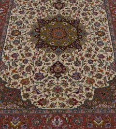 Vintage Hand-Knotted Tabriz Rug, Wool & Silk, Ivory Field, Iran