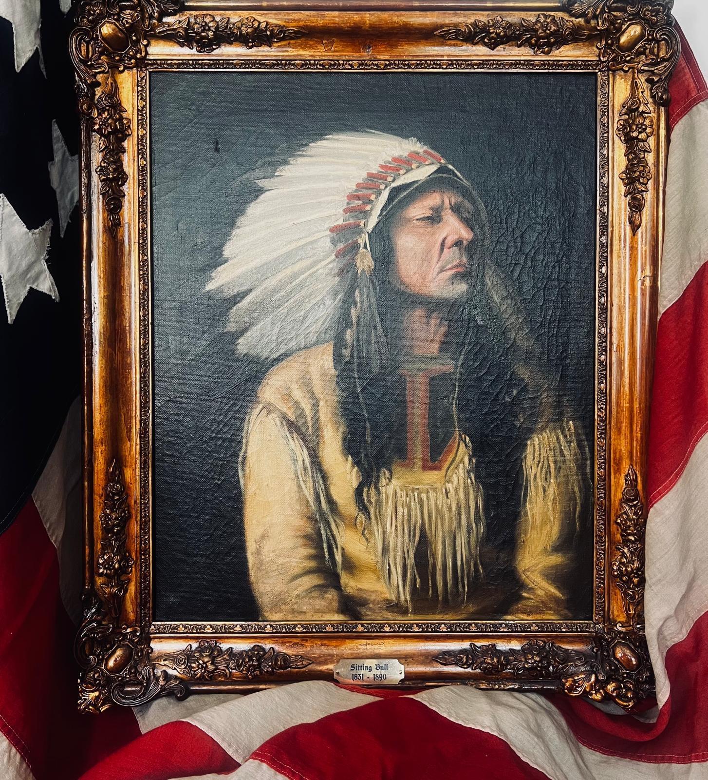 Americano Antico dipinto dei nativi americani Toro Seduto ( 1831-1890) di A.Champollion in vendita