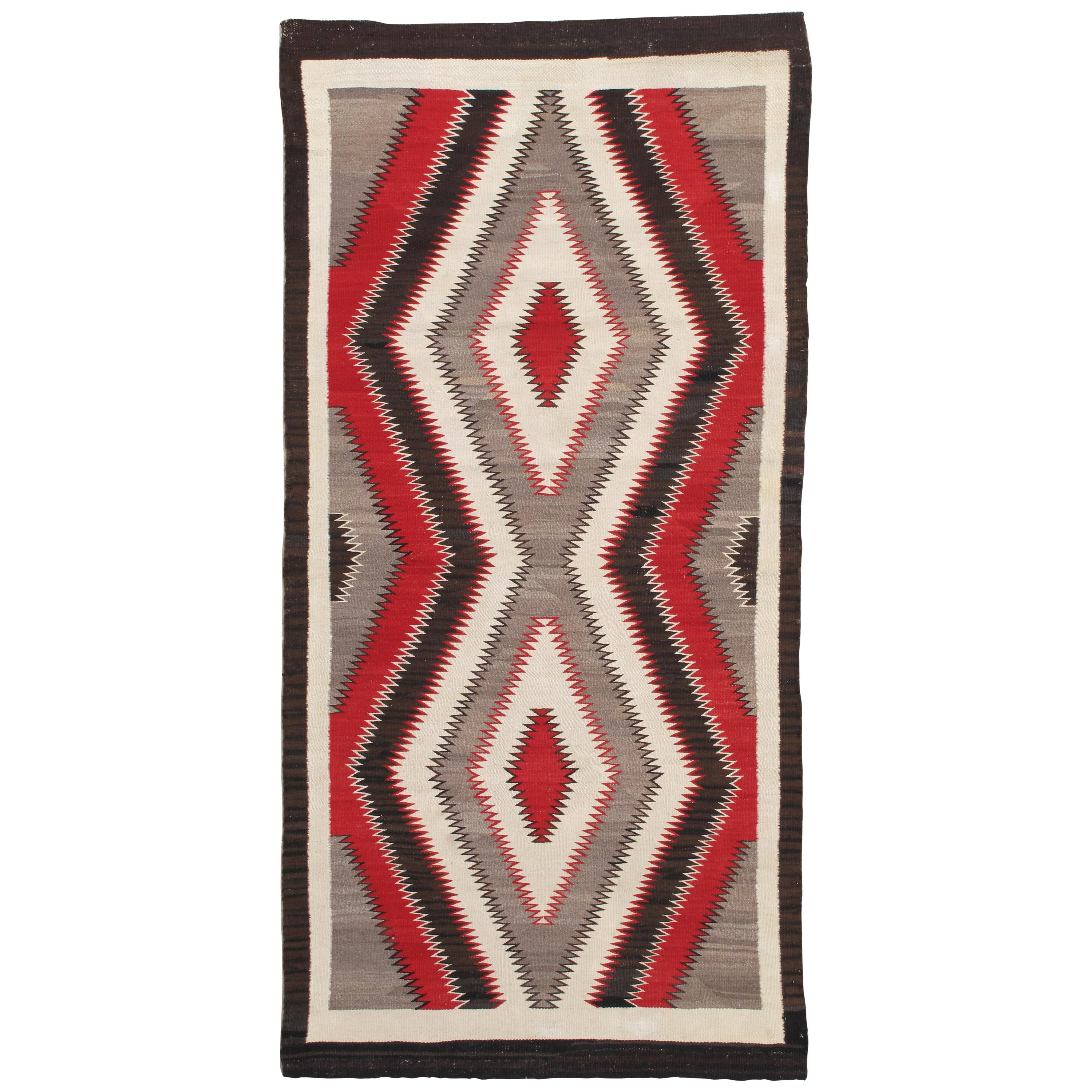 Antique "Eye Dazzler" Navajo Carpet, Folk Rug, Handmade Wool, Beige, Red, Brown