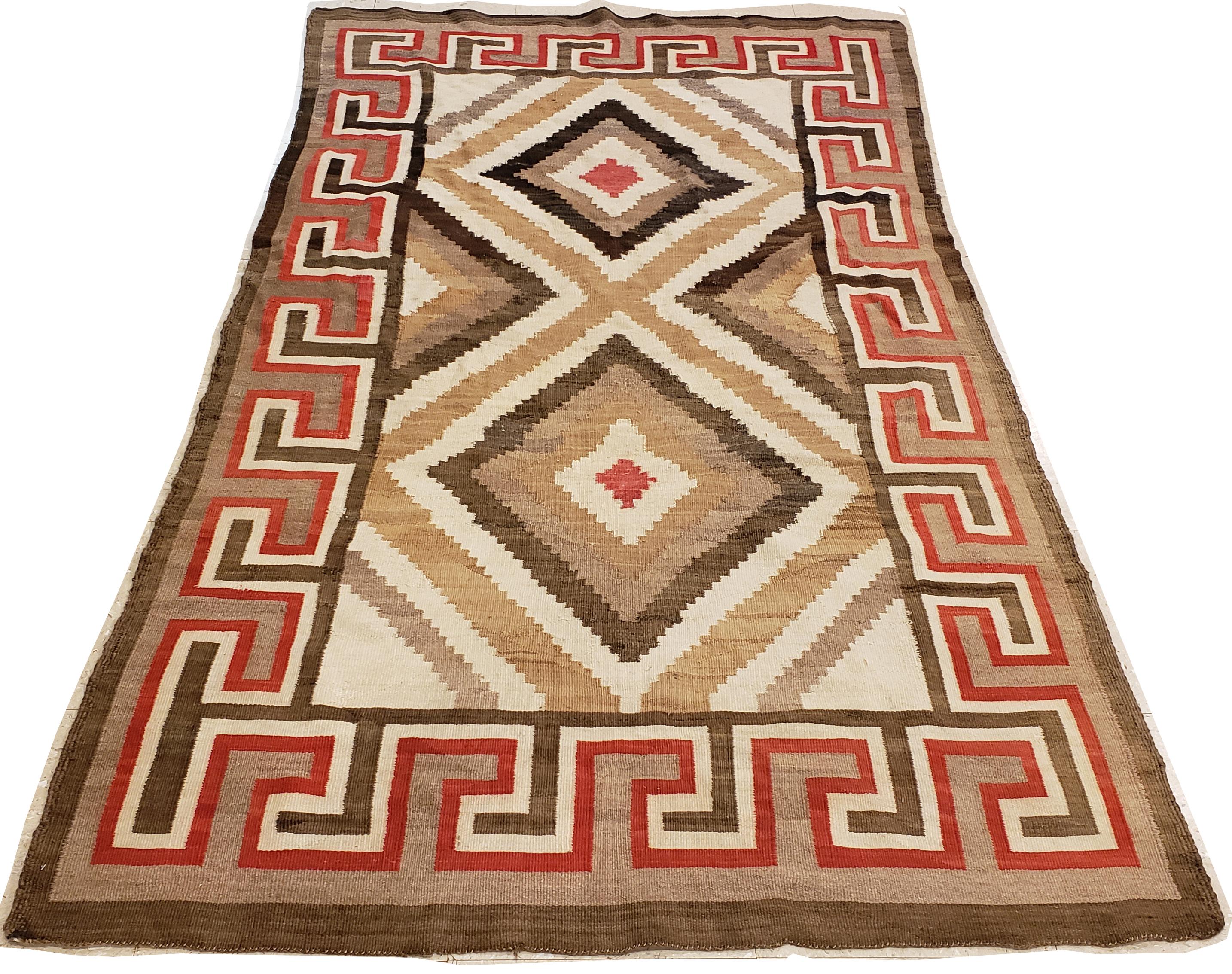 Hand-Knotted Antique Eye Dazzler Navajo Carpet, Folk Rug, Handmade Wool, Beige, Red, Tan