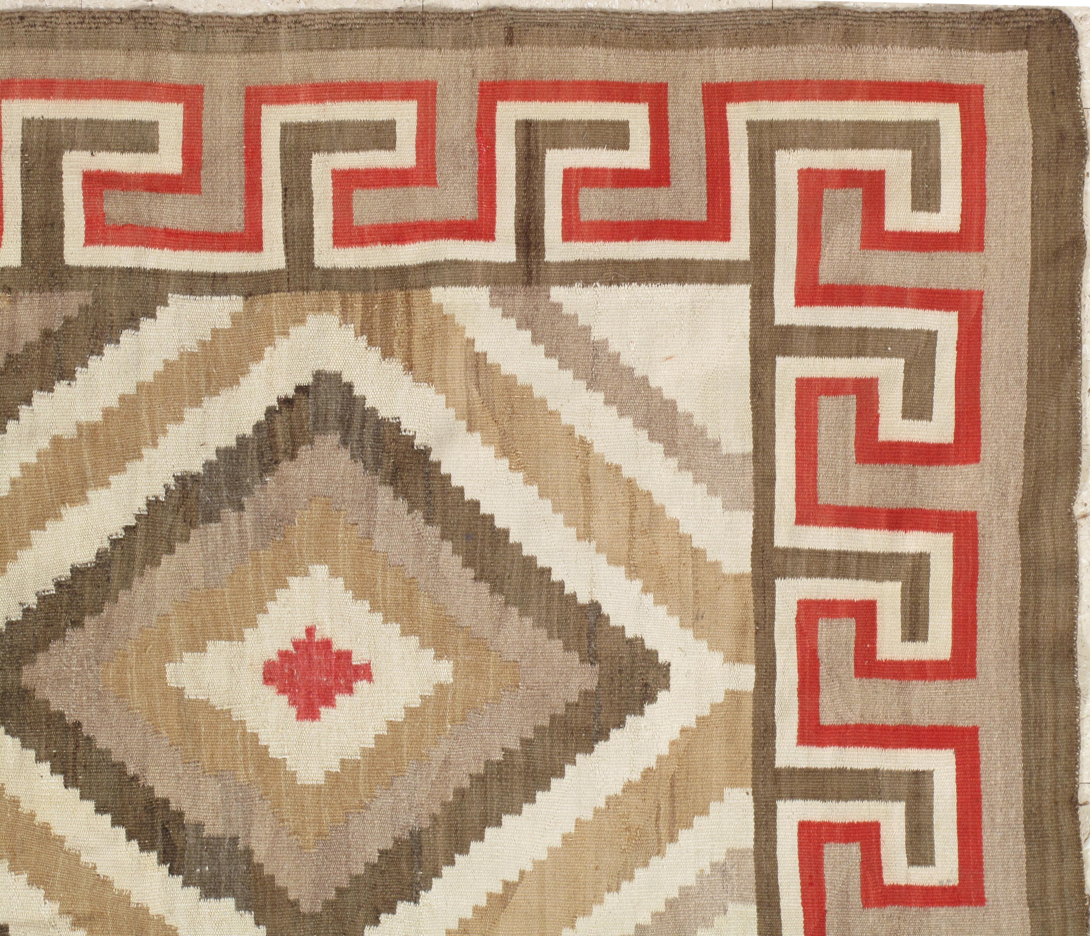 Antique Eye Dazzler Navajo Carpet, Folk Rug, Handmade Wool, Beige, Red, Tan In Excellent Condition In Port Washington, NY