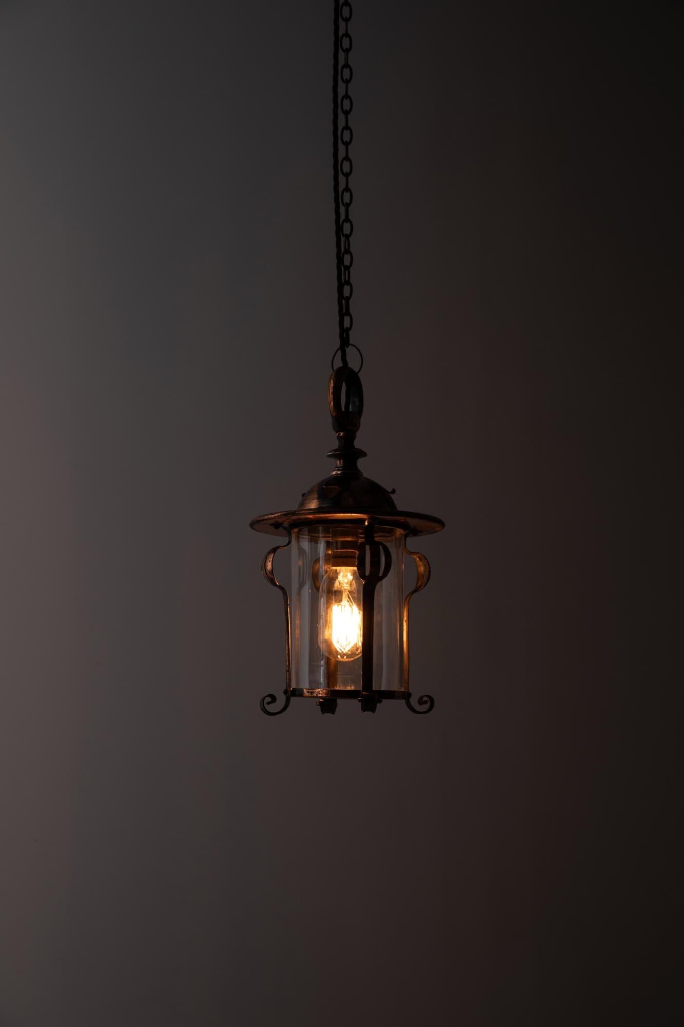 Arts and Crafts Antique F & C Osler Glazed Copper Porch Lantern Light Lamp. C.1910 For Sale