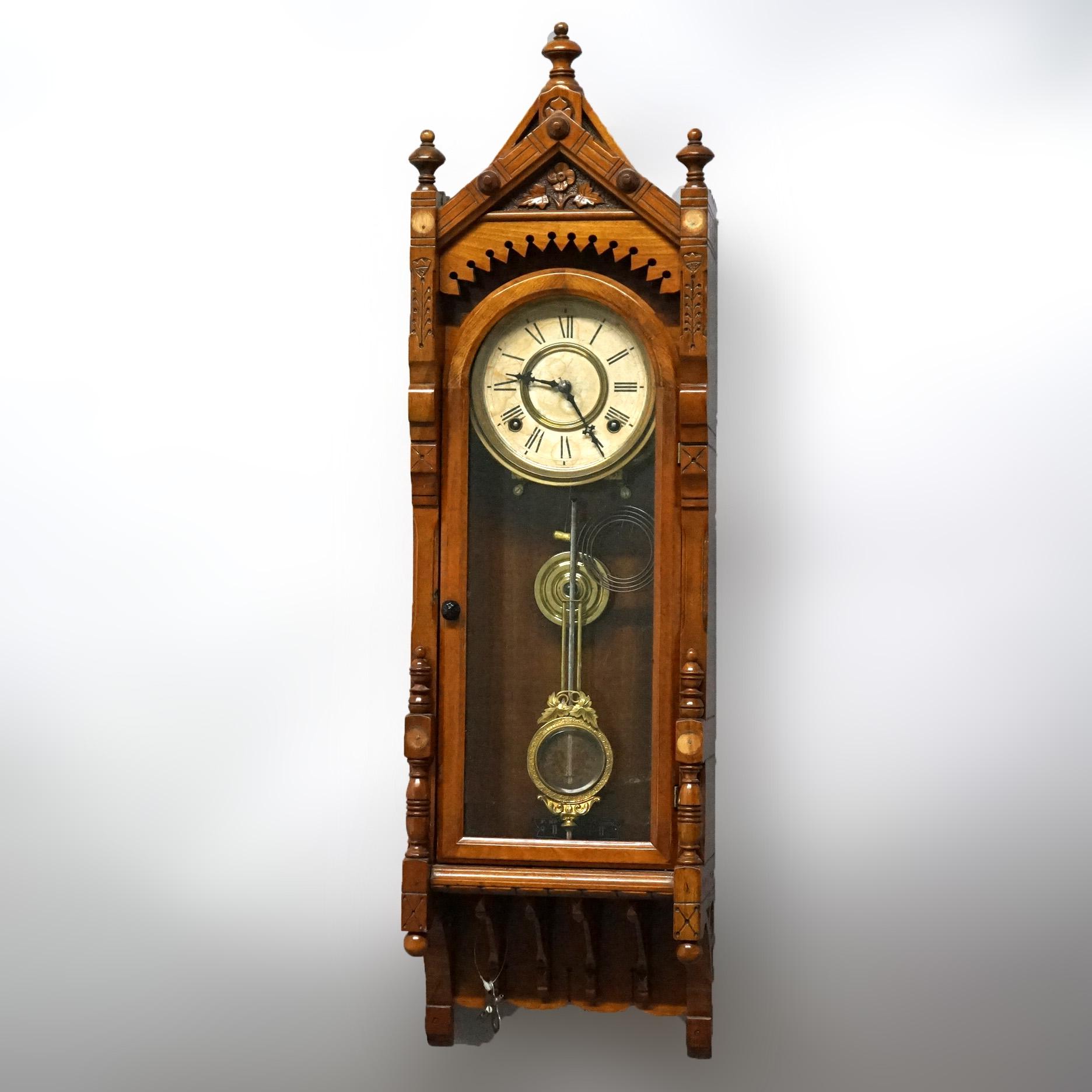 Antique F. Kroeber Wall Regulator Clock with Incised & Carved Elements C1890 In Good Condition In Big Flats, NY