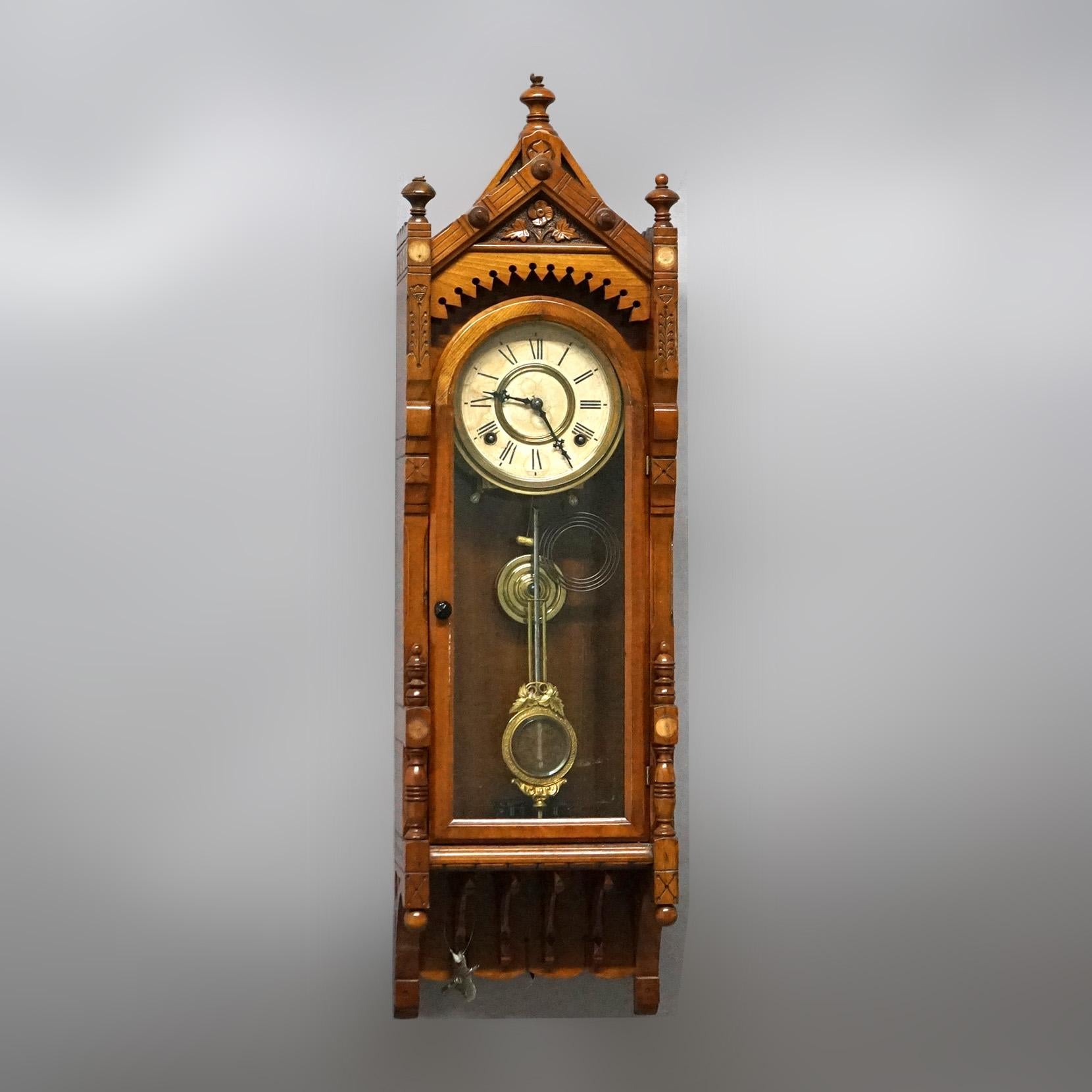 19th Century Antique F. Kroeber Wall Regulator Clock with Incised & Carved Elements C1890