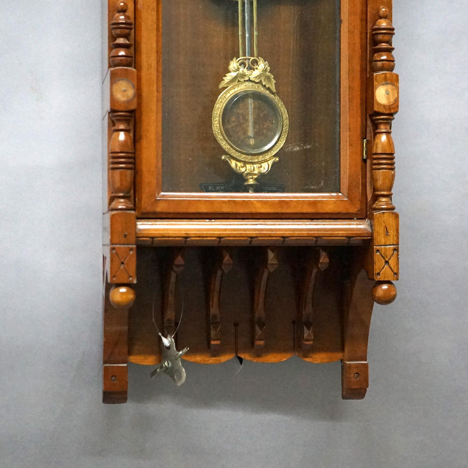 Wood Antique F. Kroeber Wall Regulator Clock with Incised & Carved Elements C1890