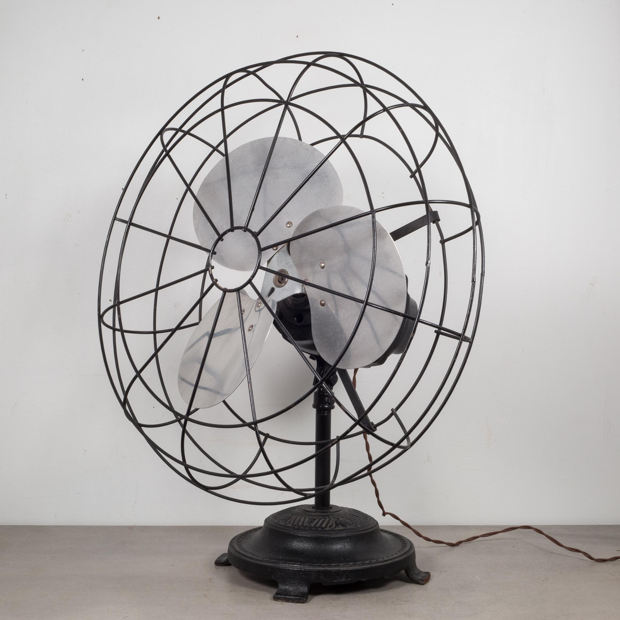 About

A large antique cast iron fan with steel cage, metal blades and decorative base. The embossed manufacturer's name is on the stem. The fan has one setting and plugs in to turn on. The wiring is good and the fan is in good working condition