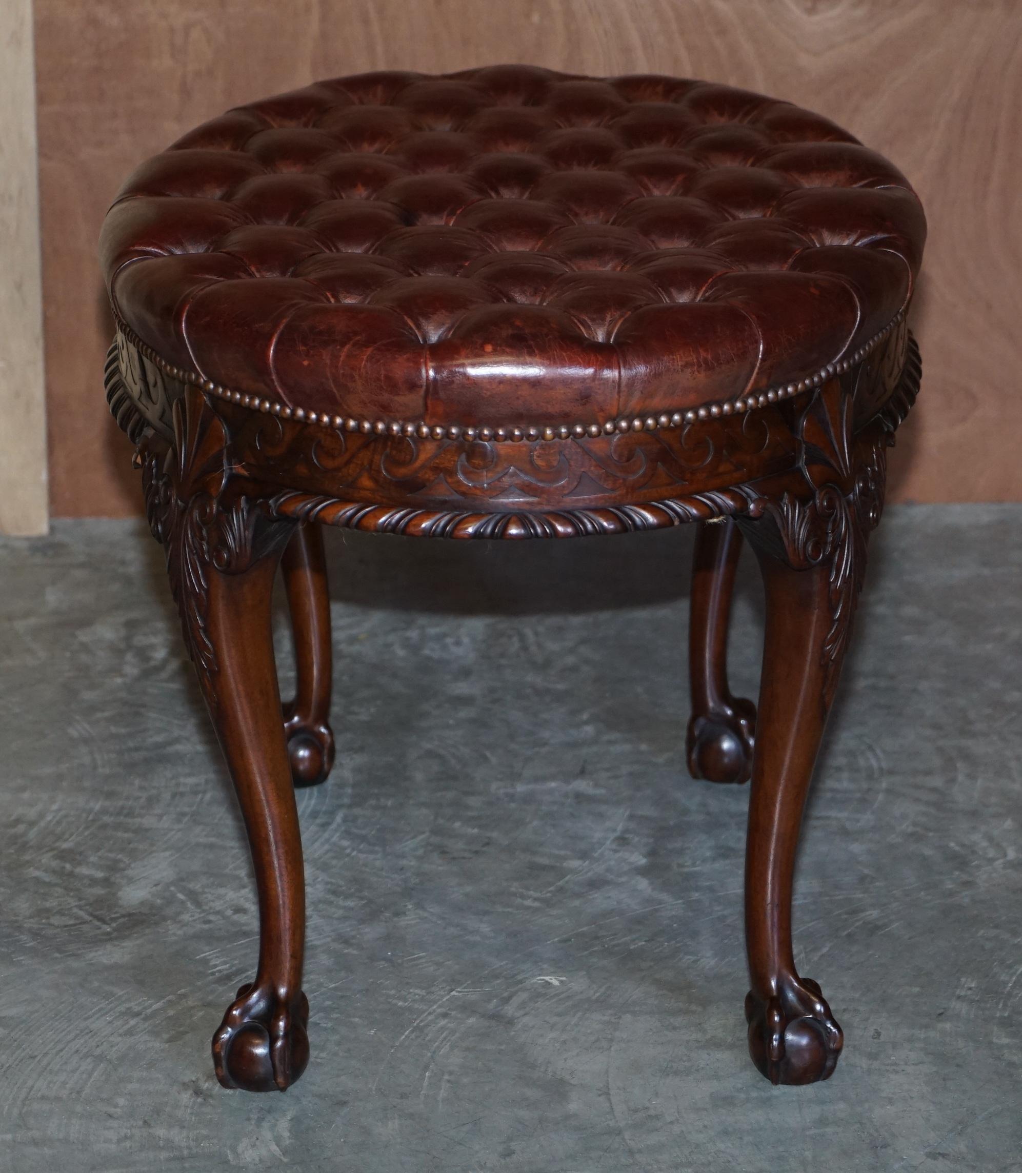 Antique F Parker & Sons Ltd Claw & Ball Chesterfield Brown Leather Bench Stool 4