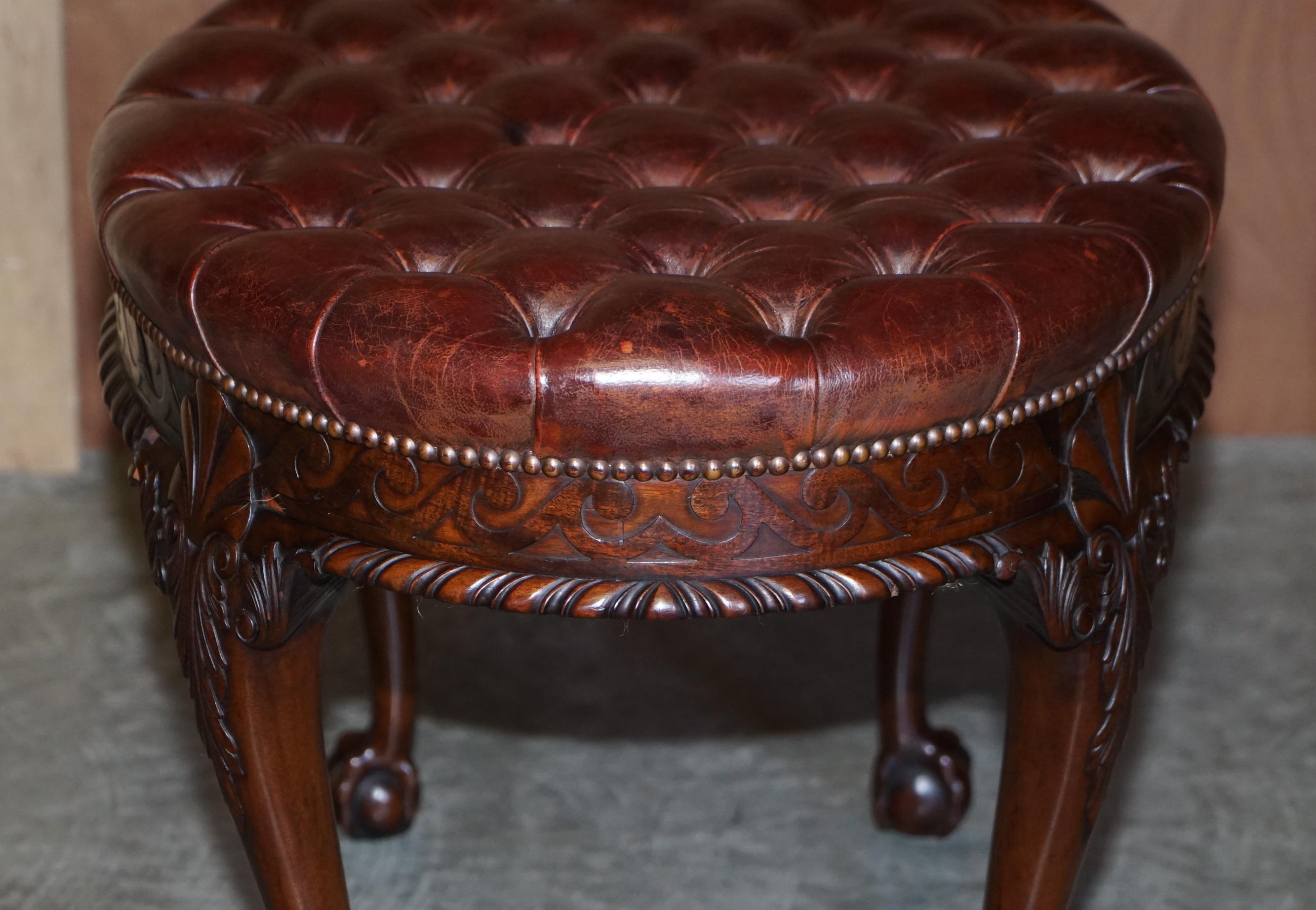 Antique F Parker & Sons Ltd Claw & Ball Chesterfield Brown Leather Bench Stool 5