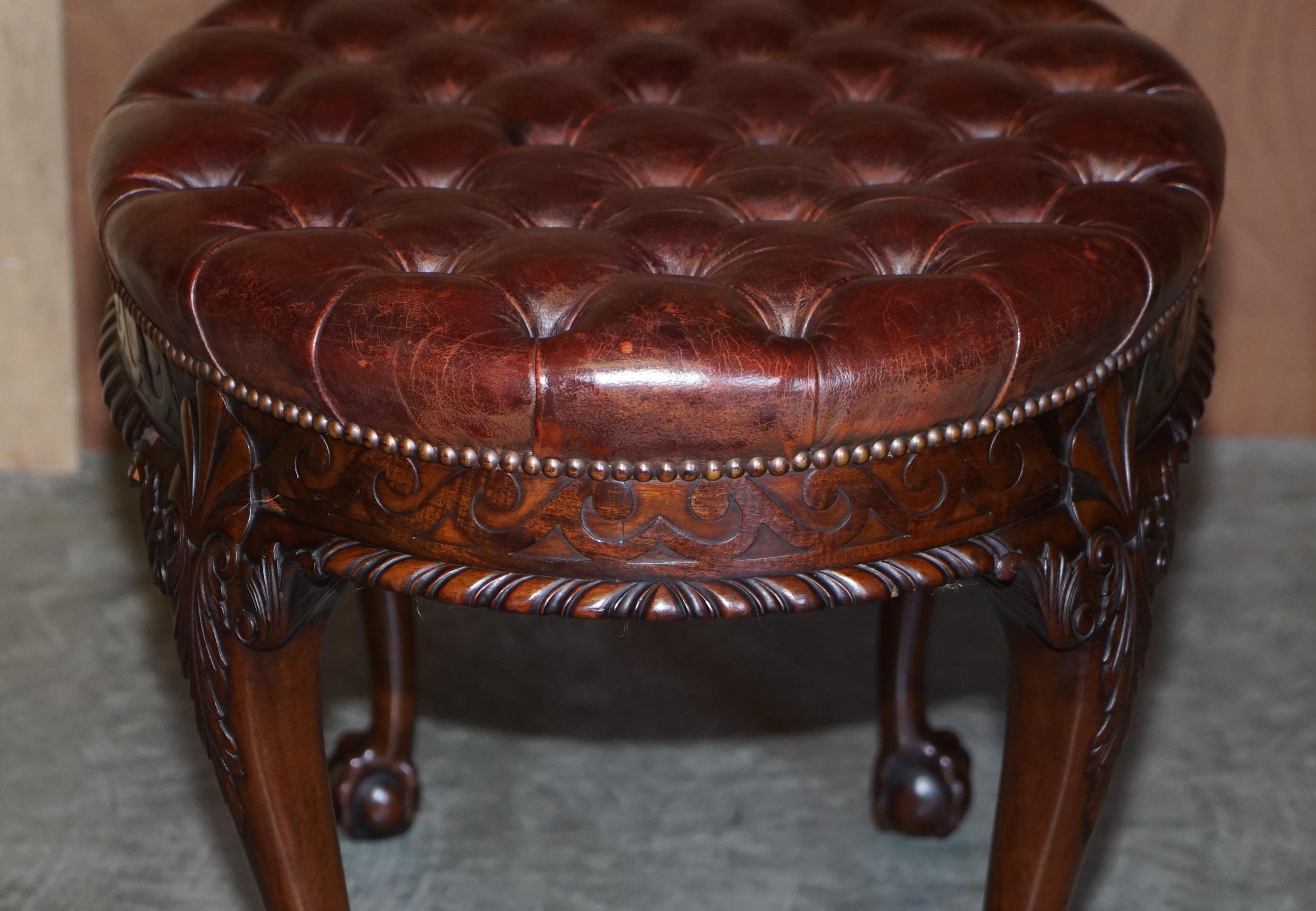 Antique F Parker & Sons Ltd Claw & Ball Chesterfield Brown Leather Bench Stool 4