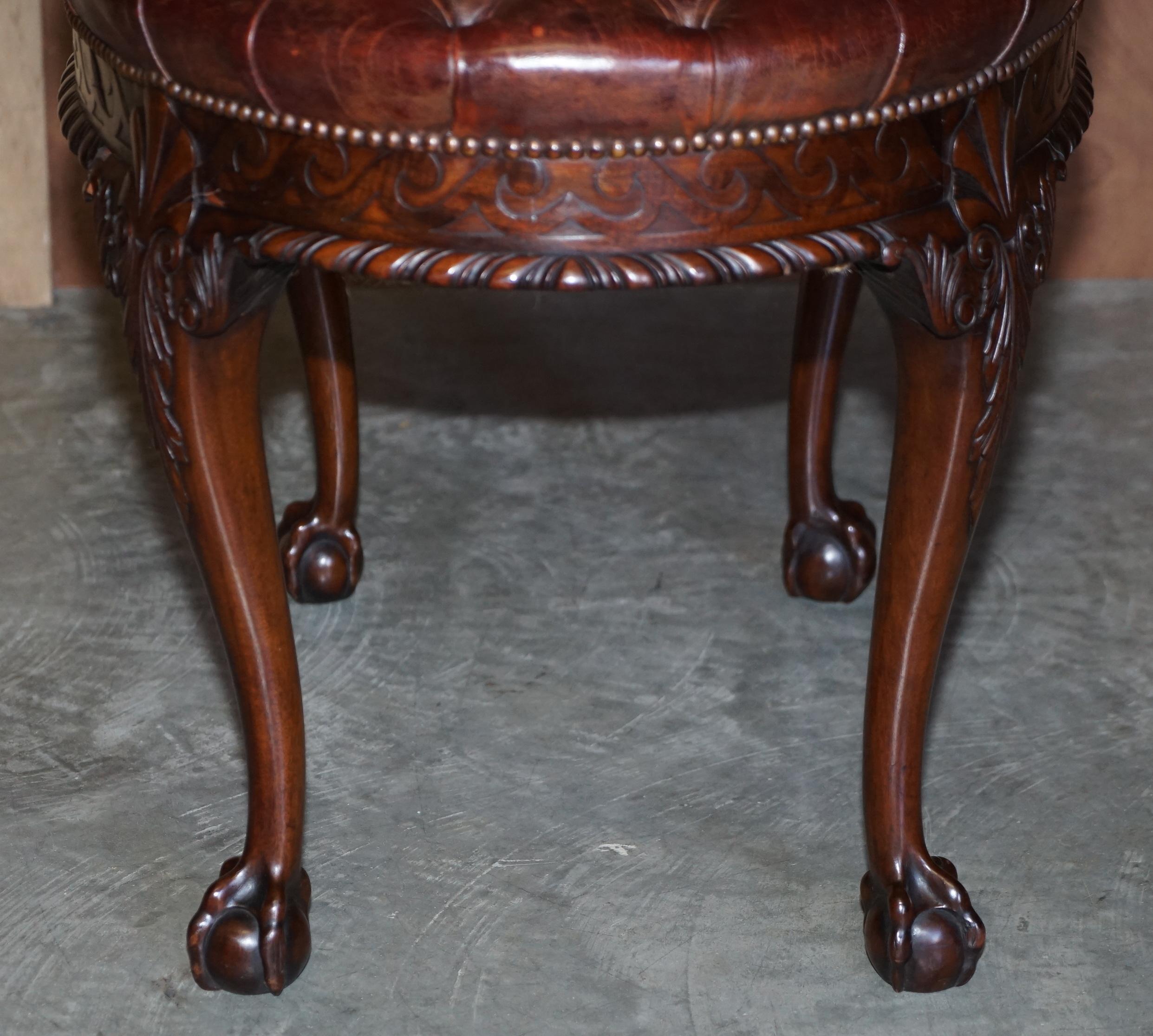 Antique F Parker & Sons Ltd Claw & Ball Chesterfield Brown Leather Bench Stool 6