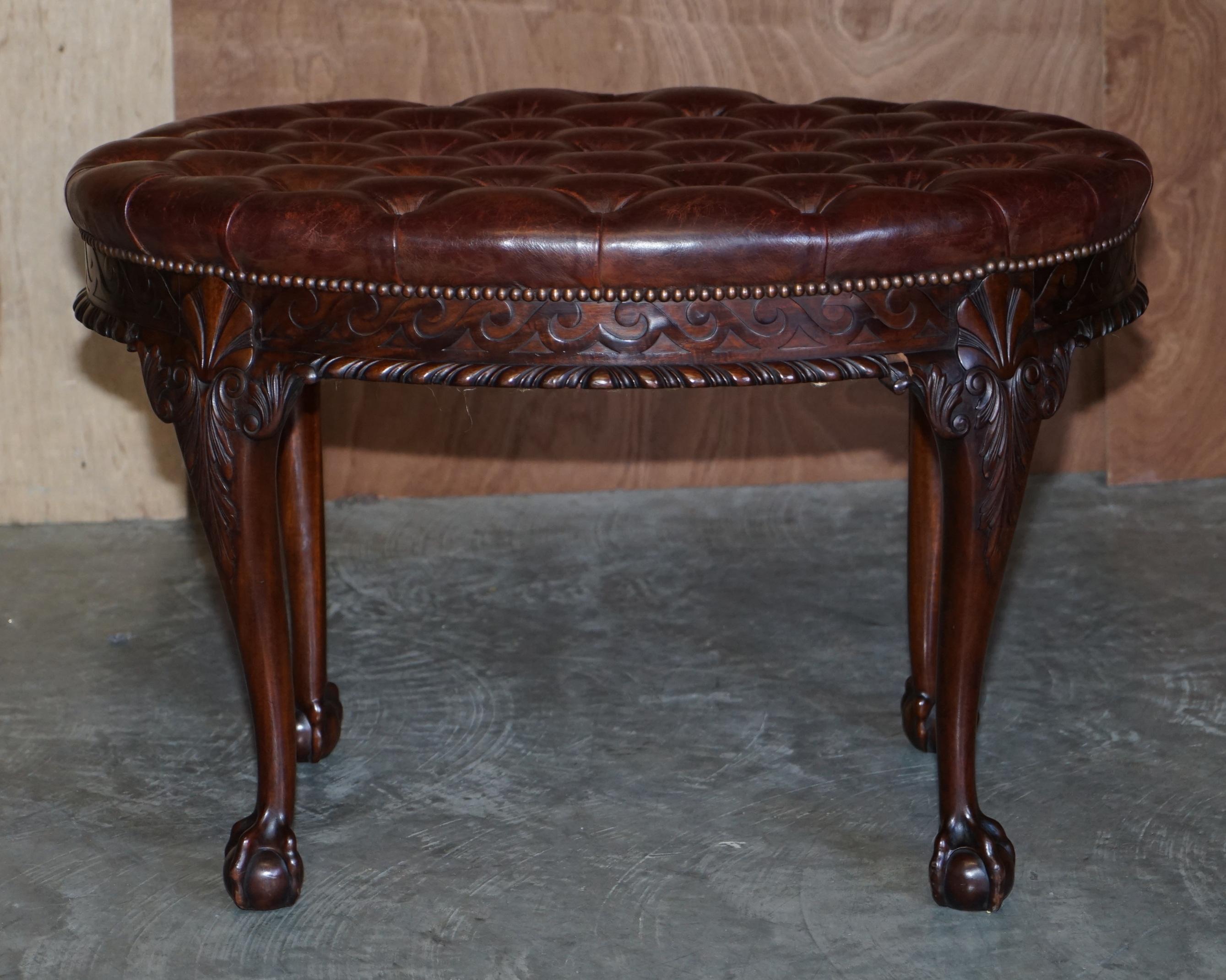Antique F Parker & Sons Ltd Claw & Ball Chesterfield Brown Leather Bench Stool 8