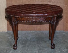 Antique F Parker & Sons Ltd Claw & Ball Chesterfield Brown Leather Bench Stool