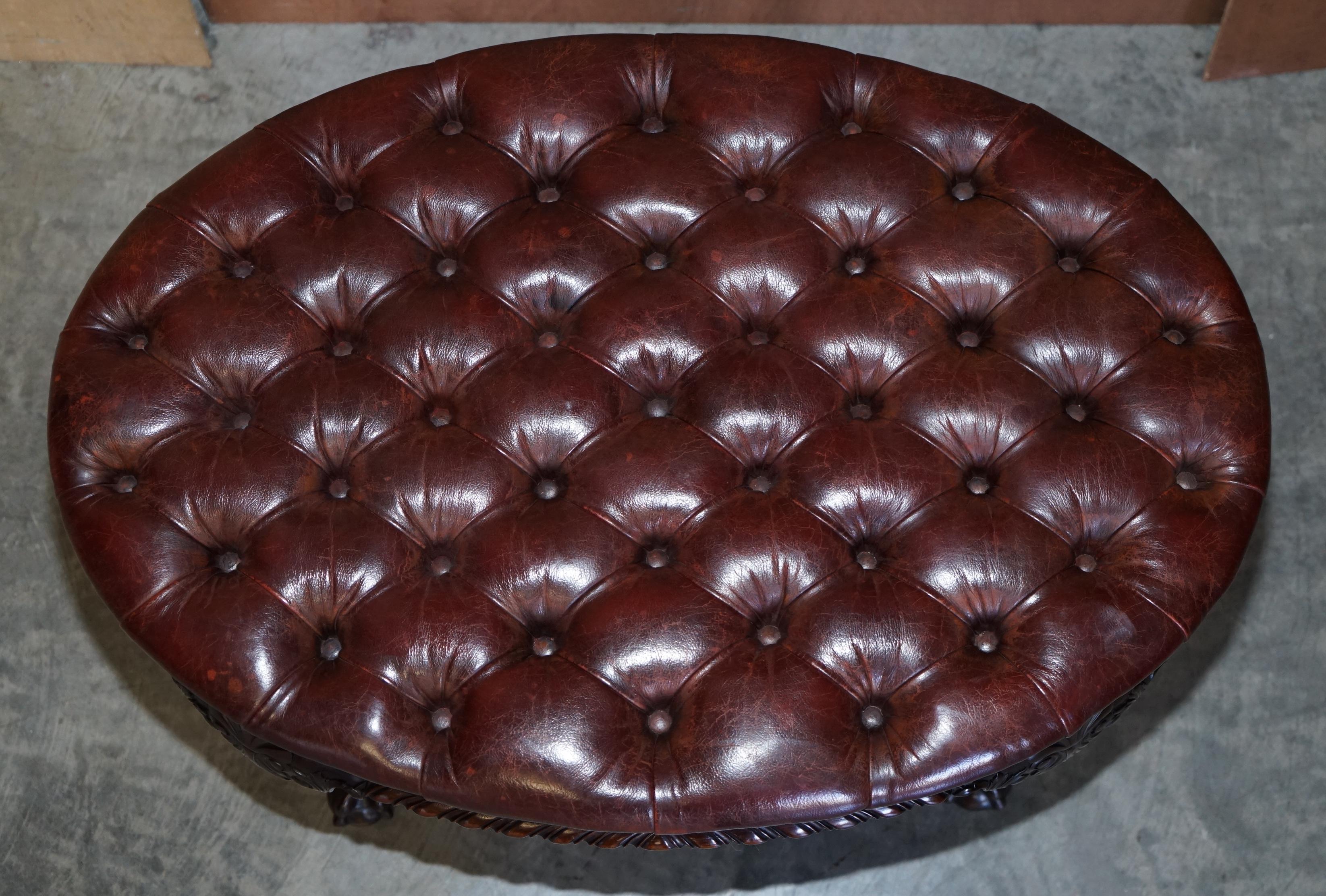 Victorian Antique F Parker & Sons Ltd Claw & Ball Chesterfield Brown Leather Bench Stool